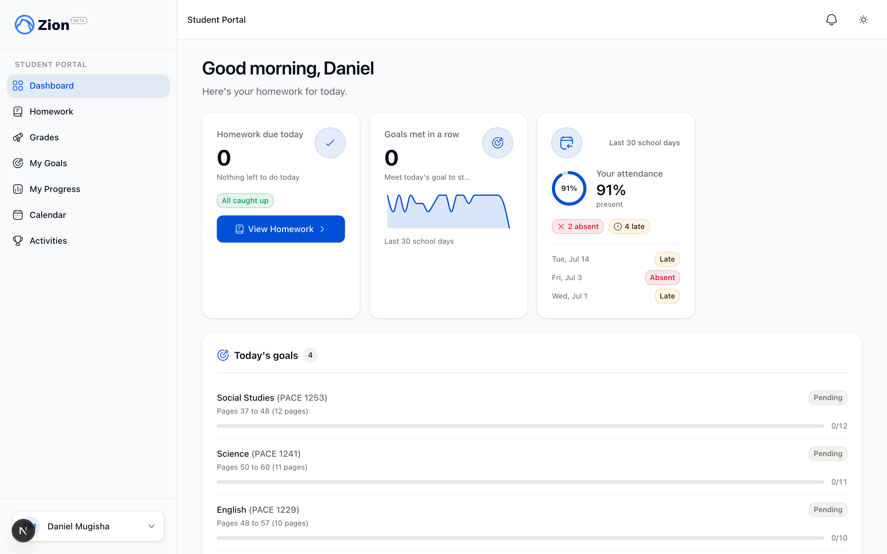 Student dashboard showing homework due today and Today's Goals with status pills