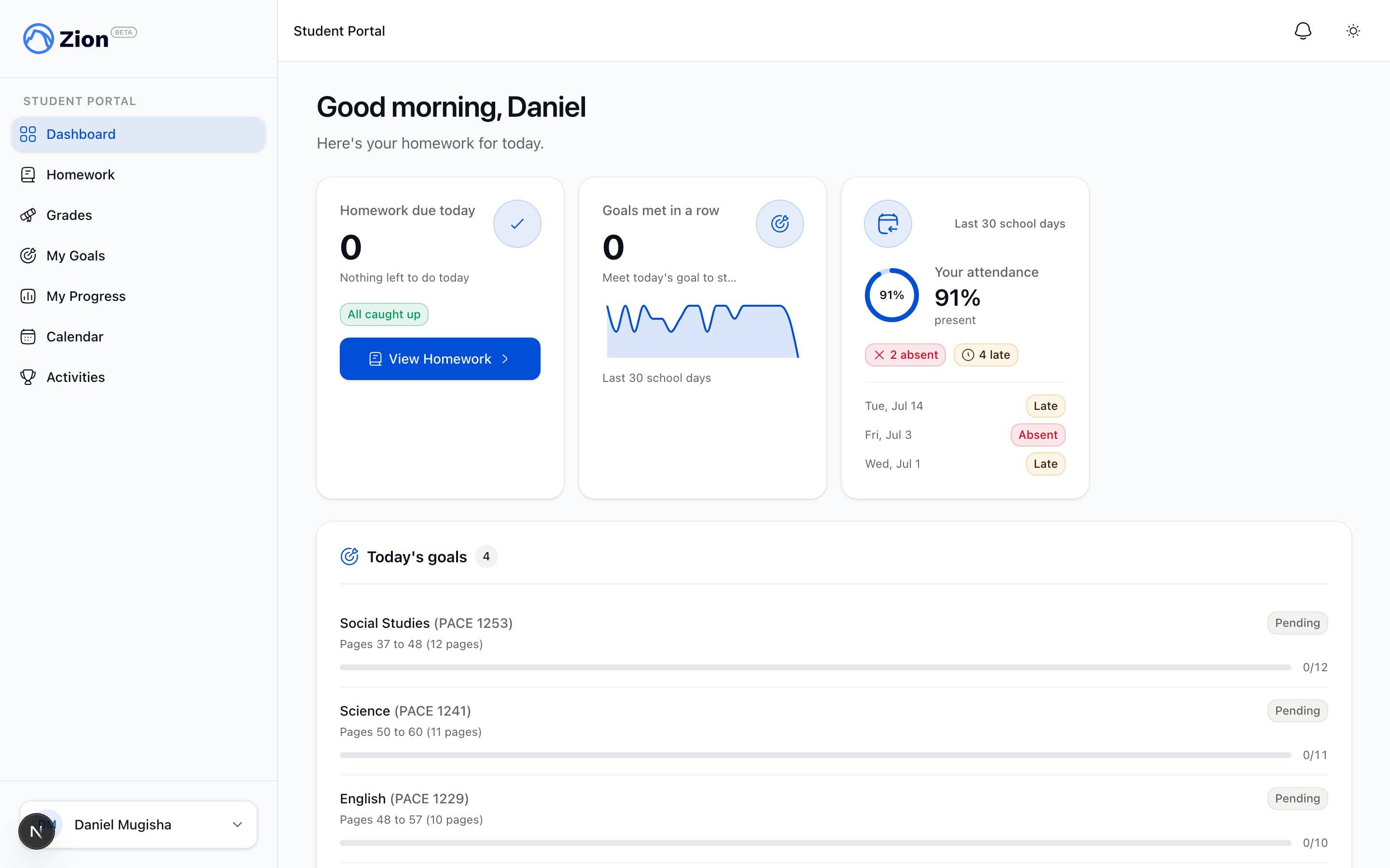 Student dashboard showing homework due today and Today's Goals with status pills