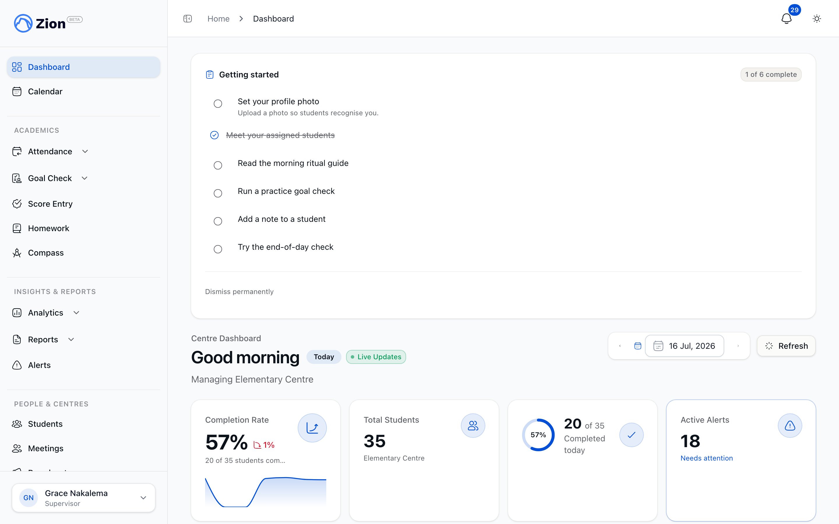 Supervisor dashboard showing the daily routine card, centre progress, and attendance snapshot