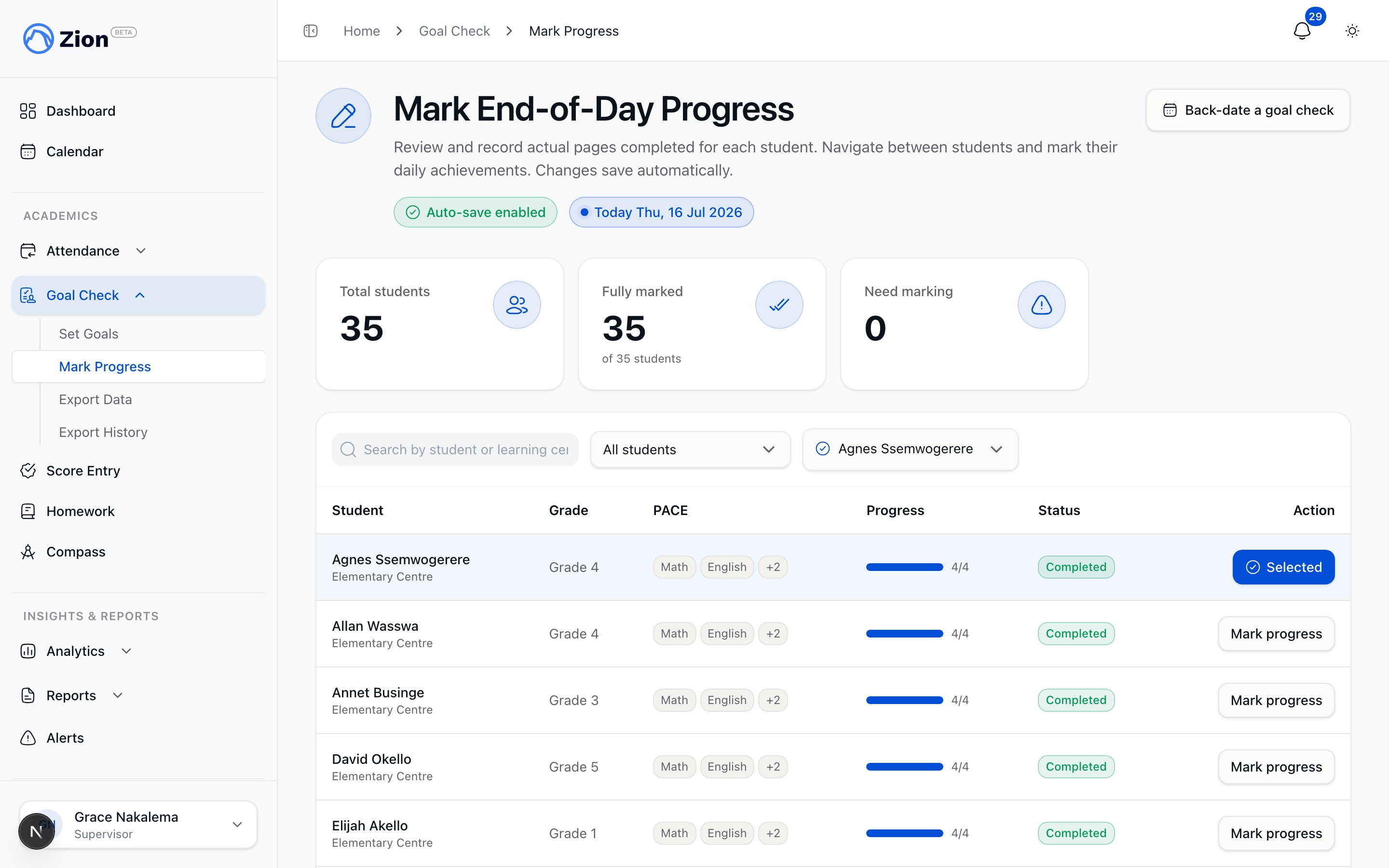 End-of-Day Check screen showing progress marking for a student's morning goal