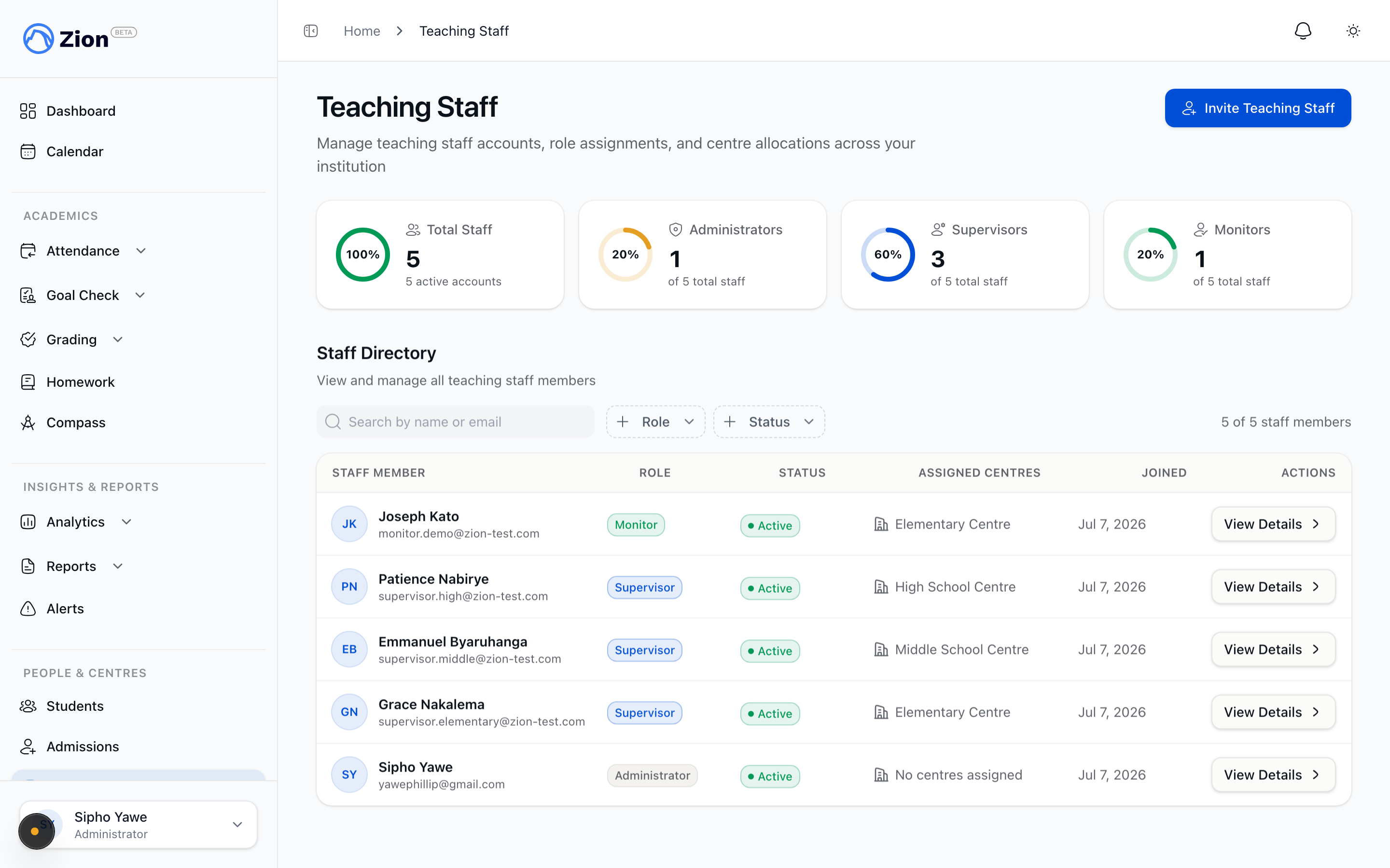 Teaching staff screen showing published availability and upcoming meetings