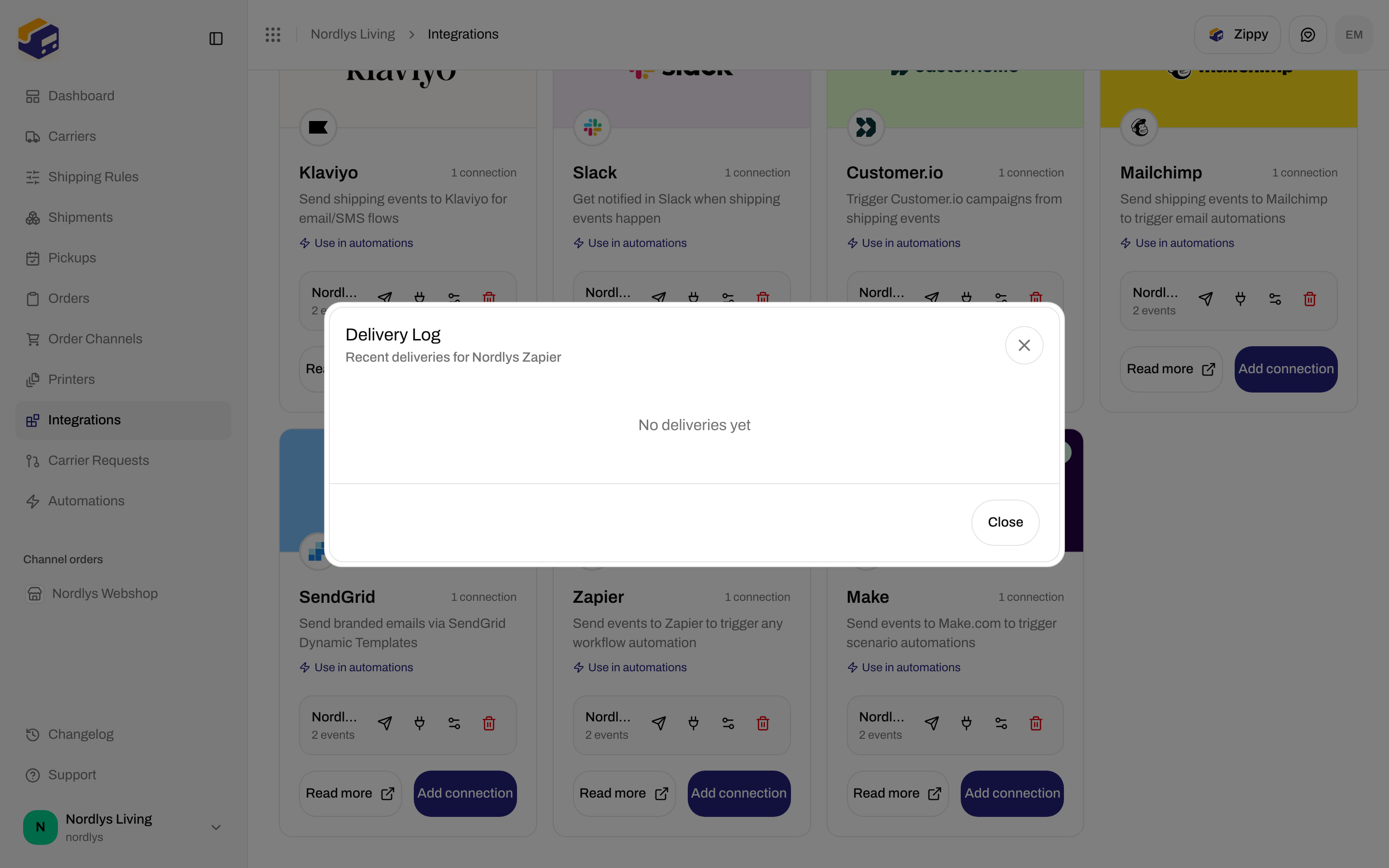 Delivery Log modal showing No deliveries yet for a Zapier connection