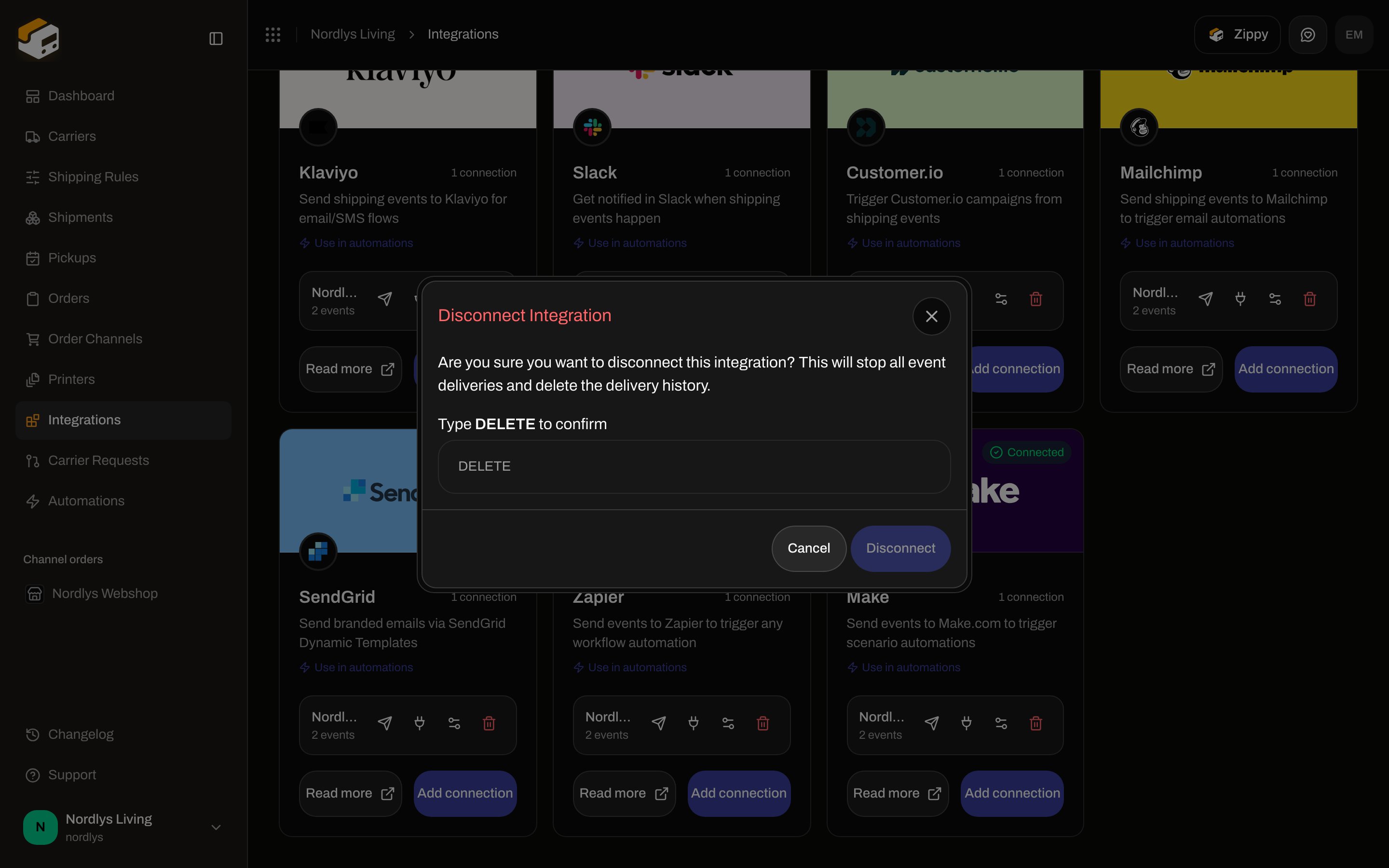 Disconnect Integration confirmation requiring DELETE