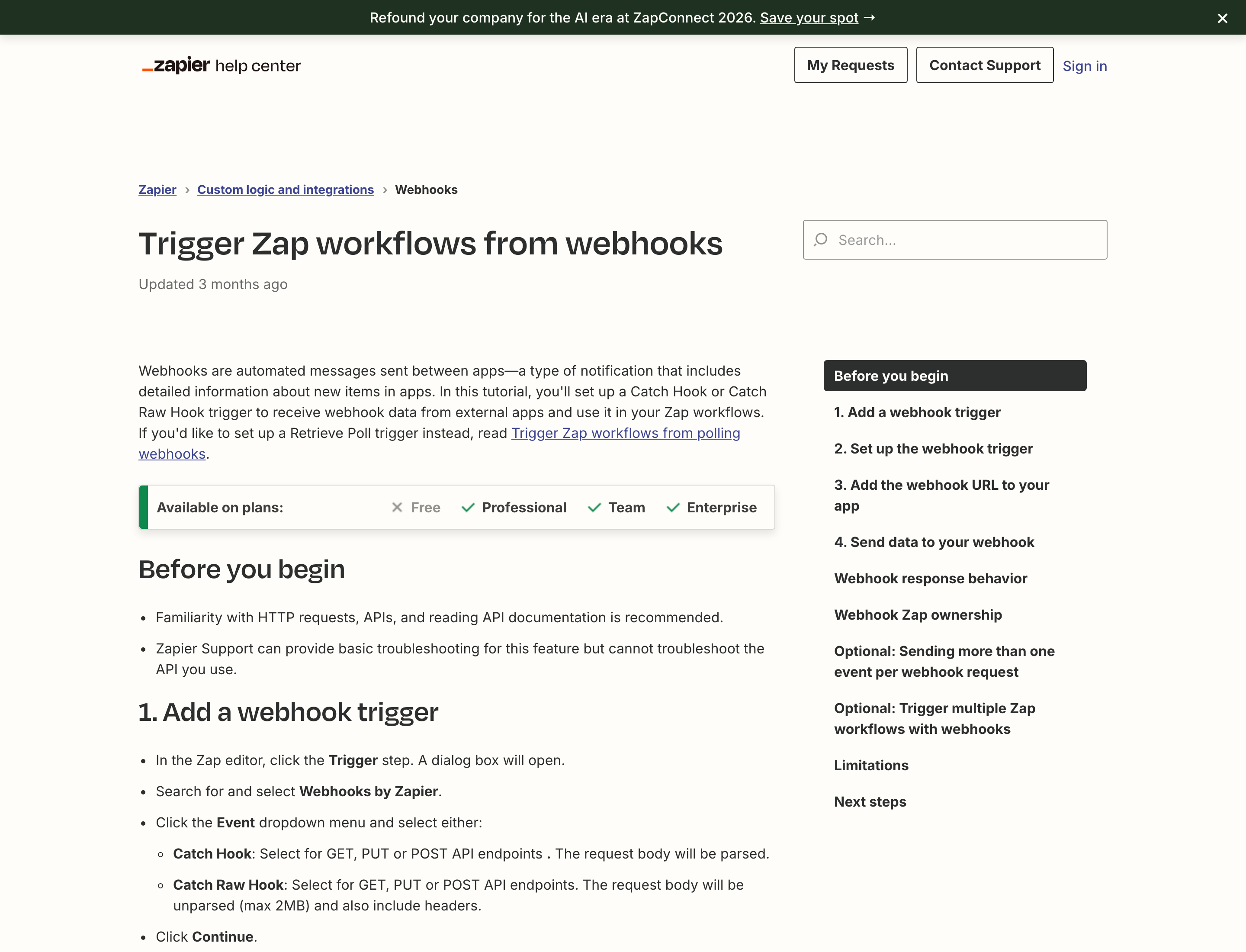Zapier help article Trigger Zap workflows from webhooks, with Catch Hook and Catch Raw Hook options