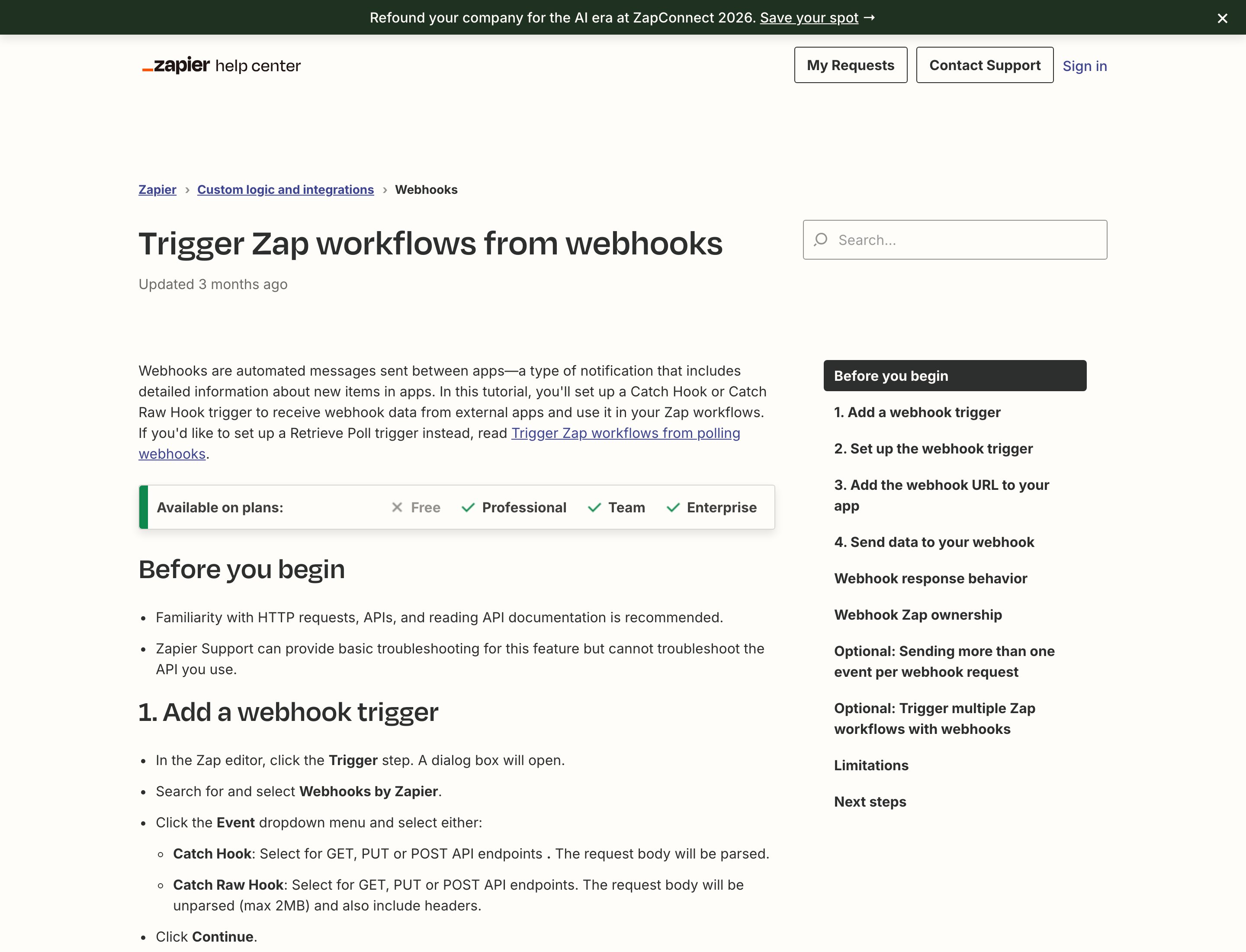 Zapier help article Trigger Zap workflows from webhooks, with Catch Hook and Catch Raw Hook options