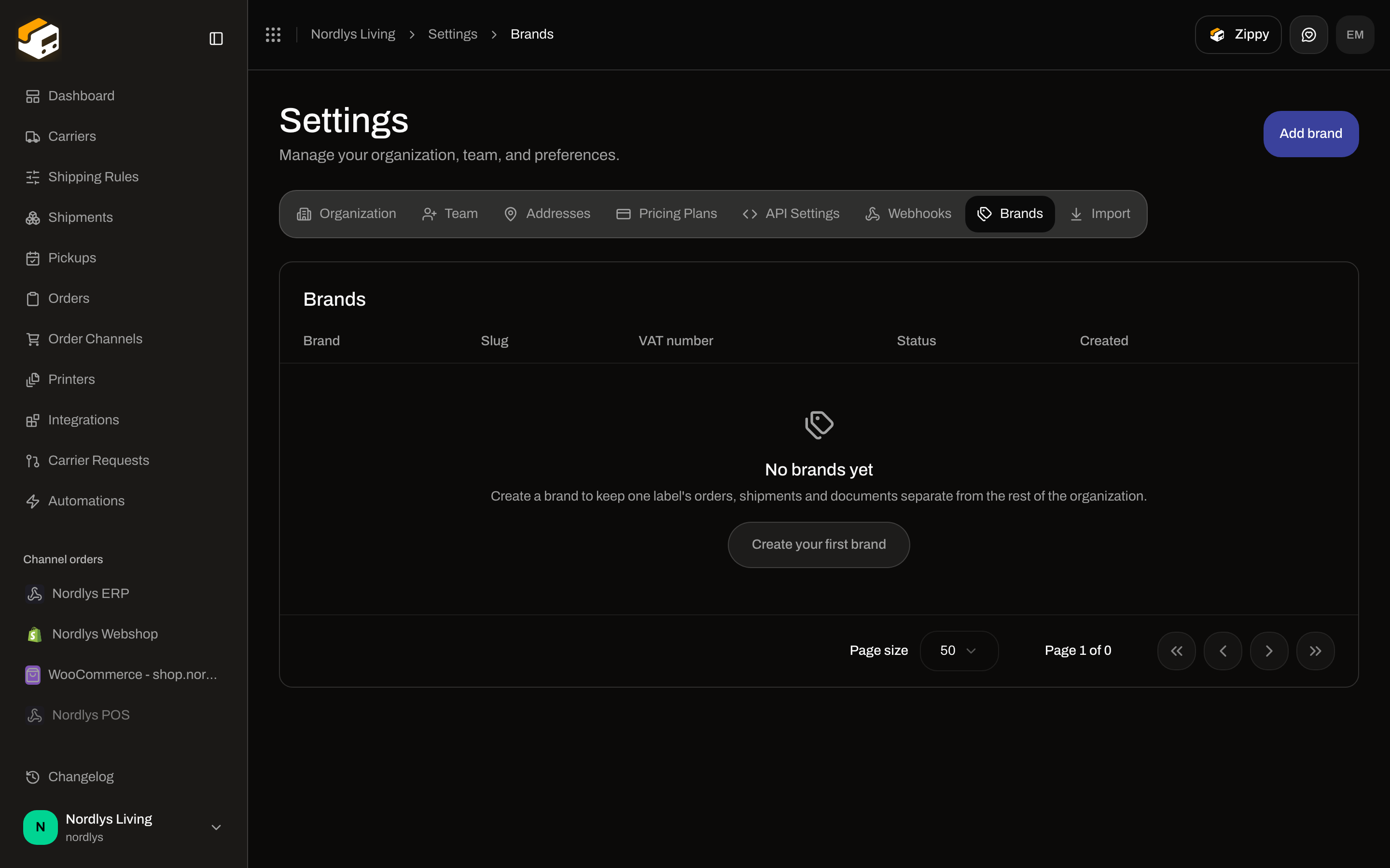 Brands tab empty state with No brands yet and Create your first brand