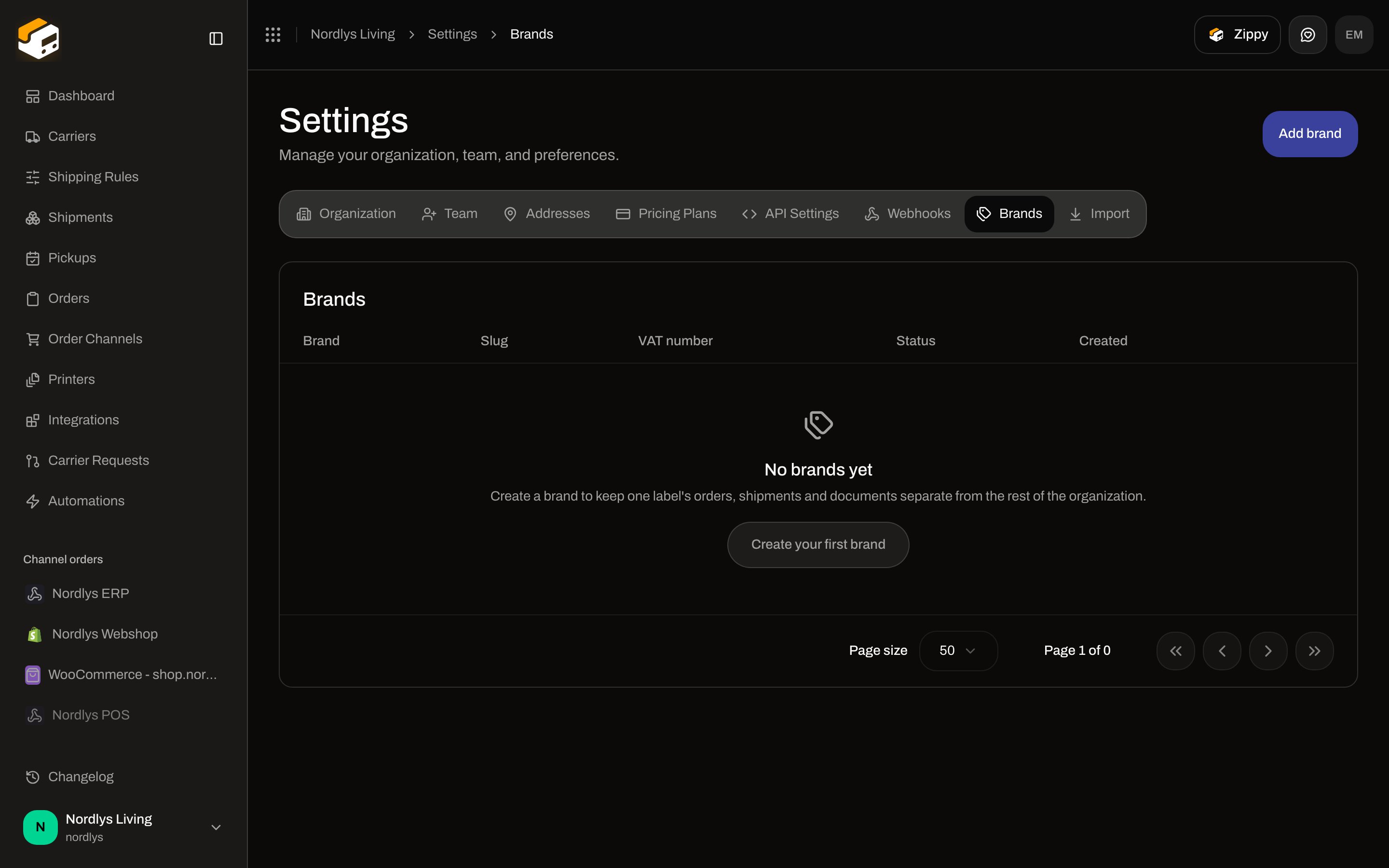 Brands tab empty state with No brands yet and Create your first brand