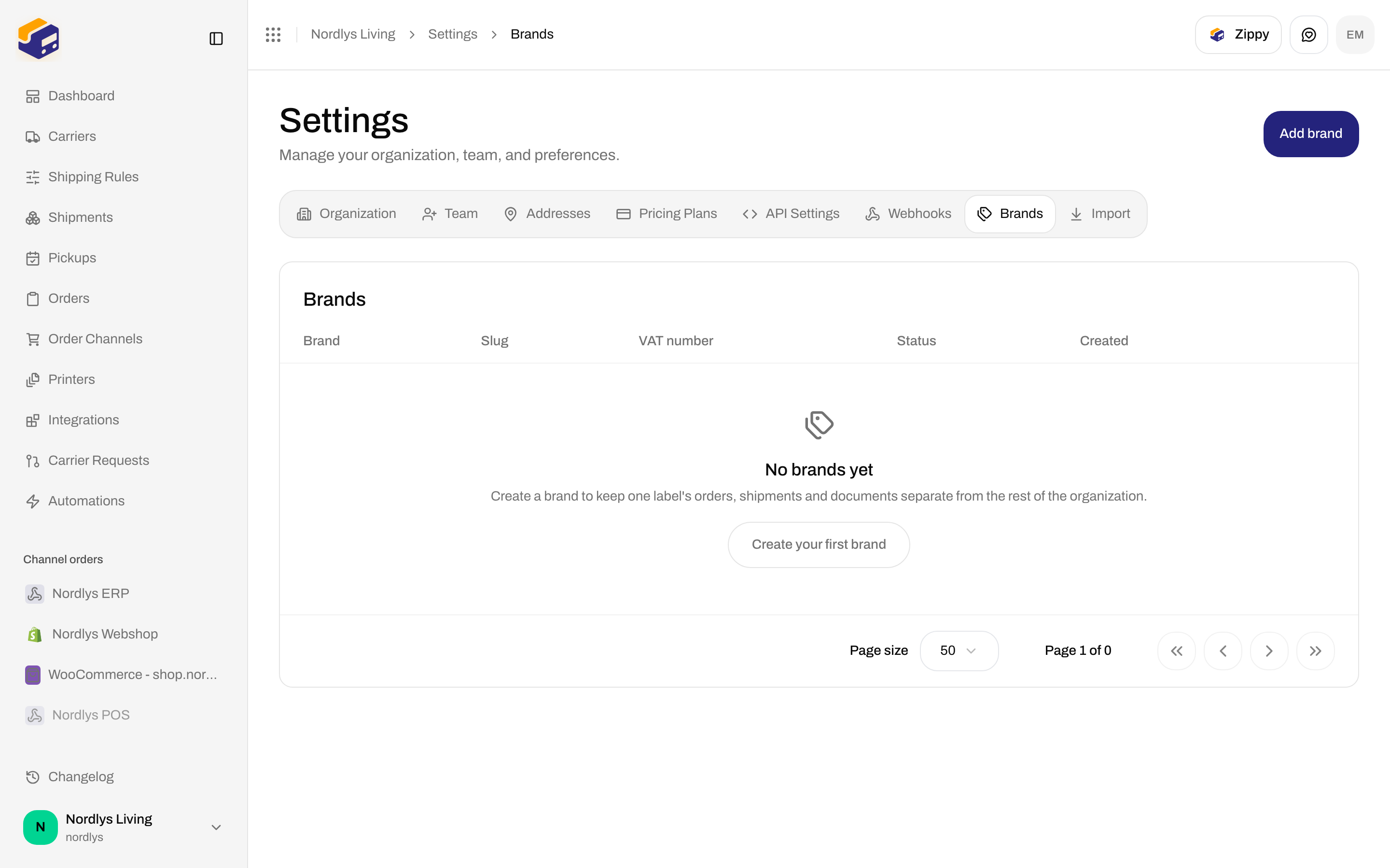 Brands tab empty state with No brands yet and Create your first brand
