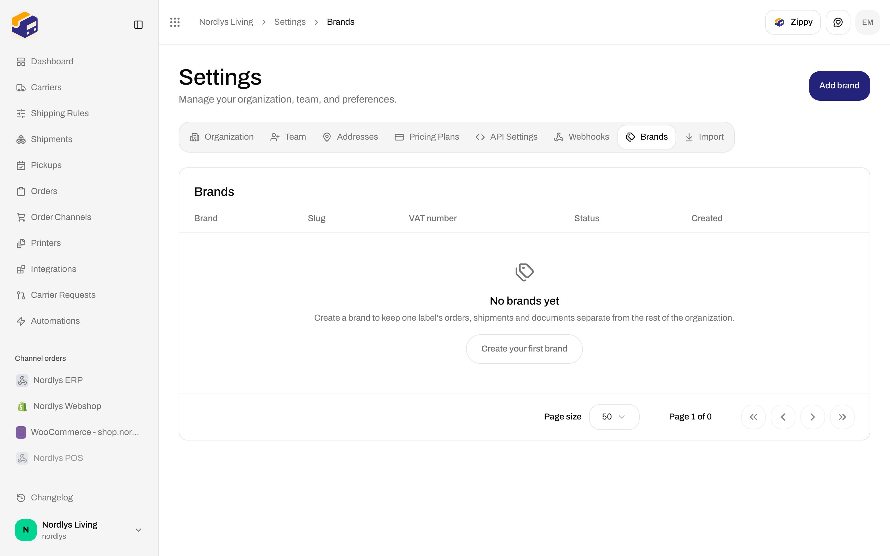 Brands tab empty state with No brands yet and Create your first brand
