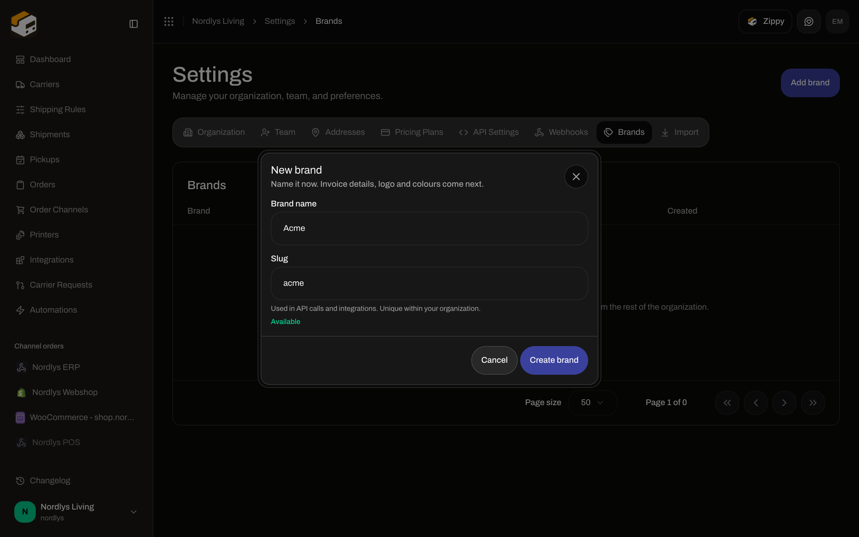 New brand dialog with Brand name and Slug fields