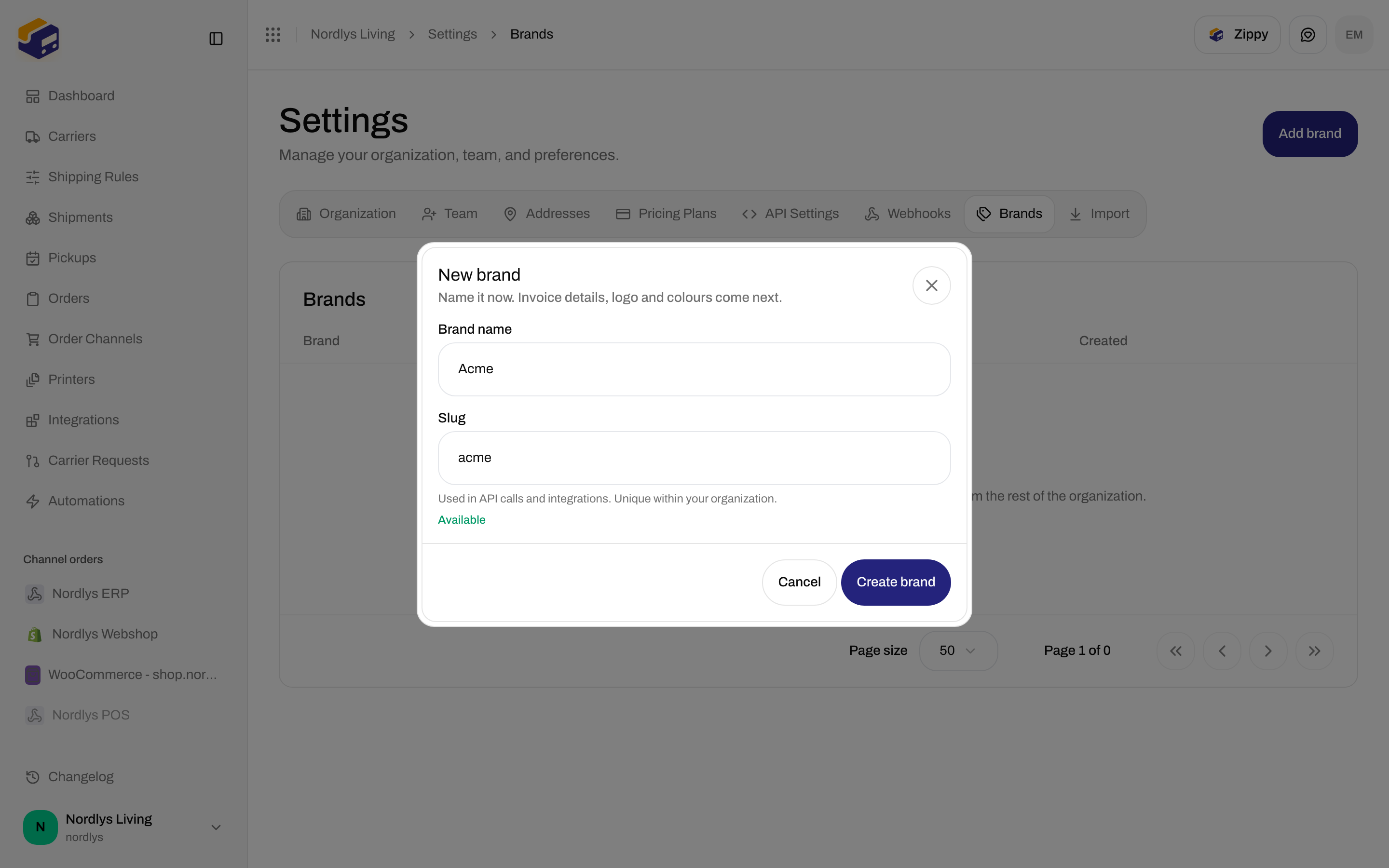 New brand dialog with Brand name and Slug fields