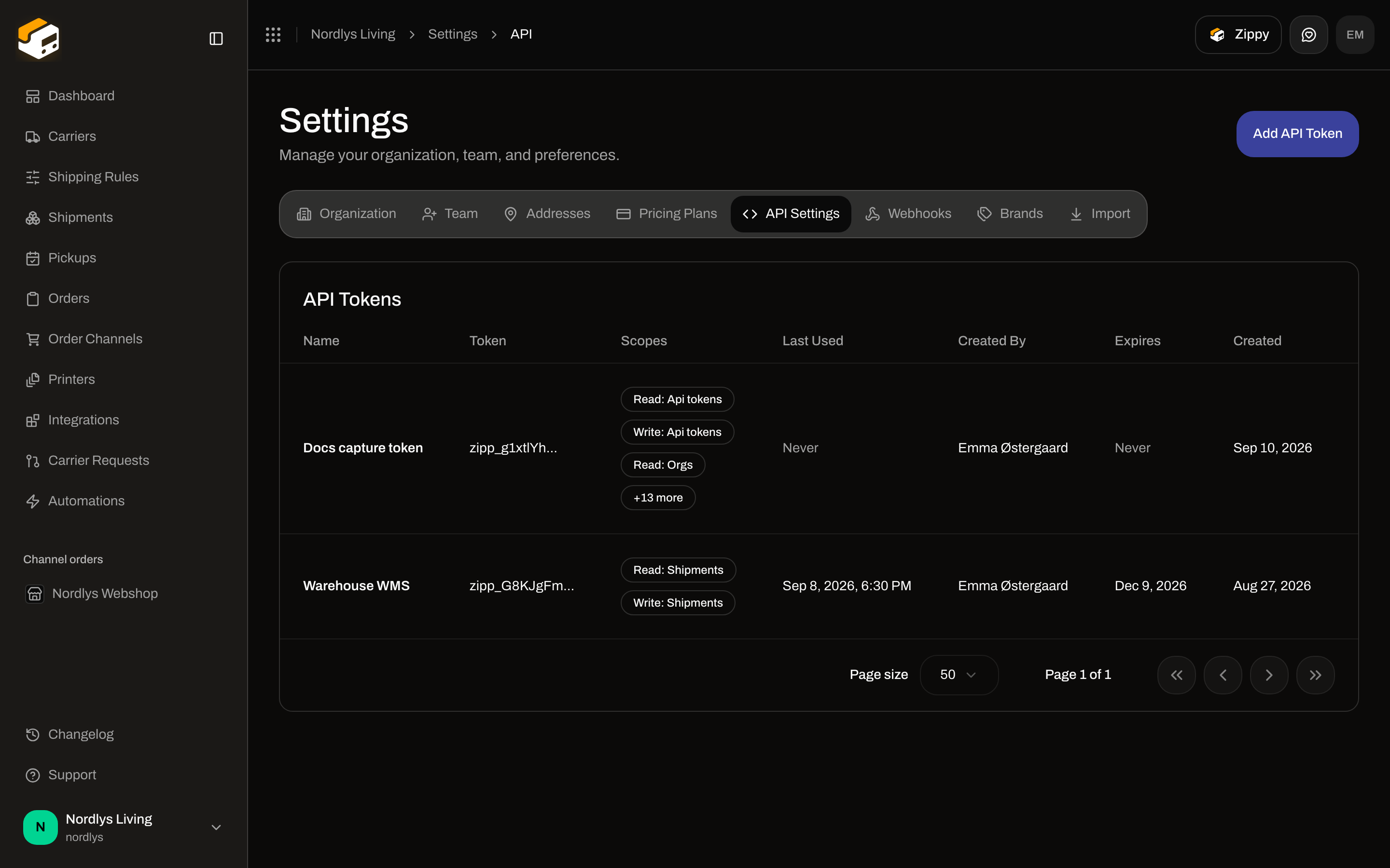 API Settings tab with an API Tokens table and Add API Token in the header