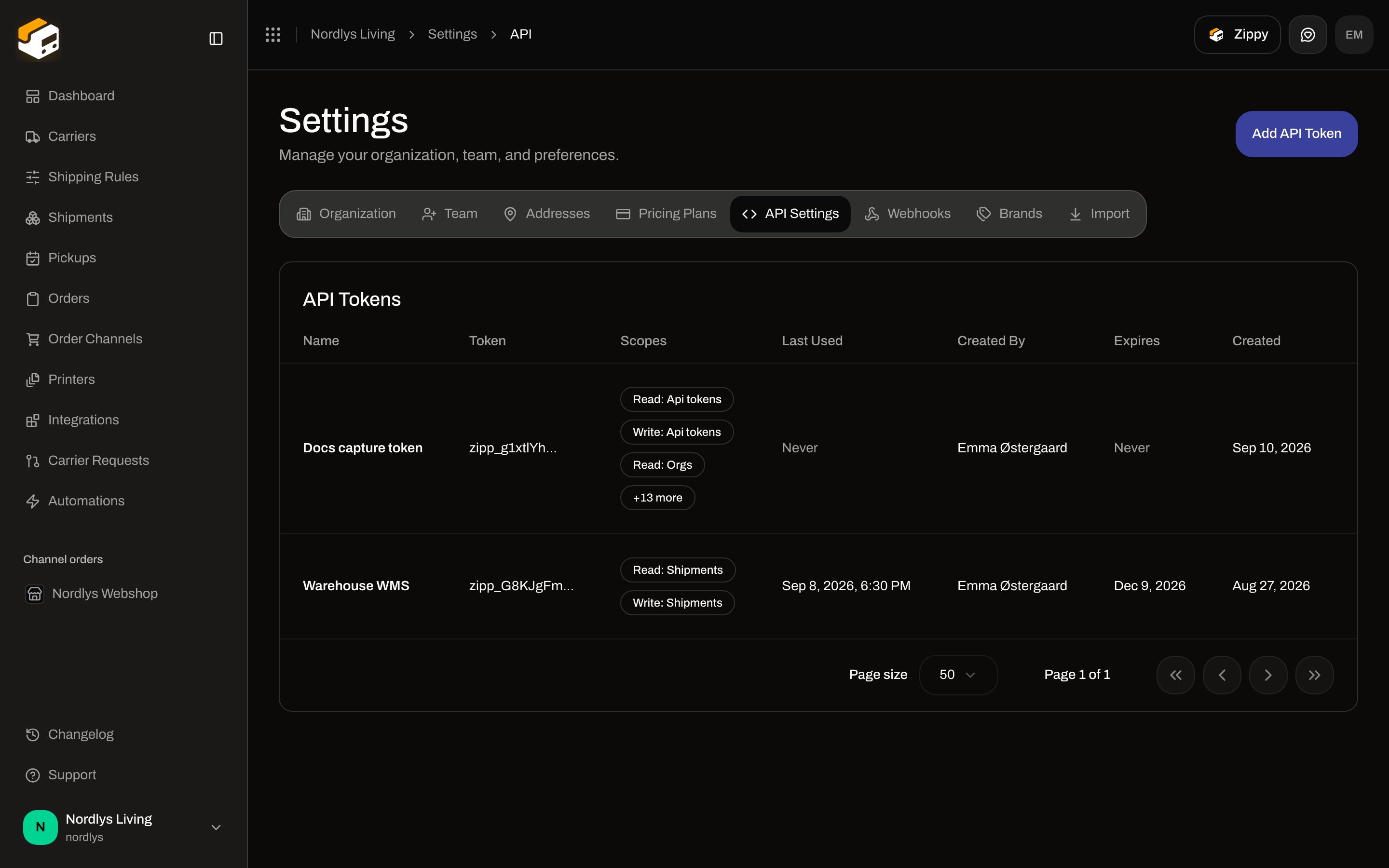 API Settings tab with an API Tokens table and Add API Token in the header