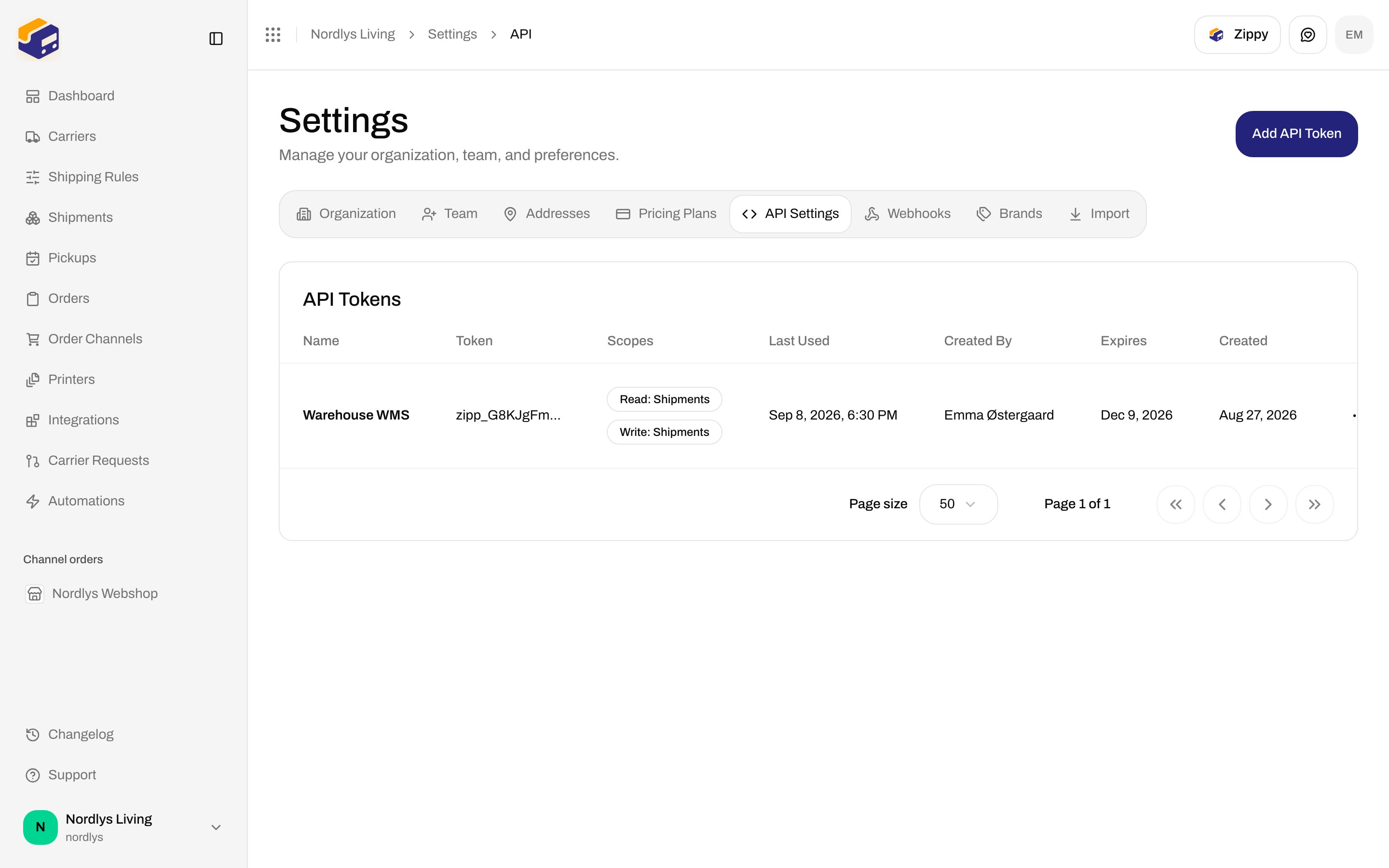 API Settings tab with an API Tokens table and Add API Token in the header