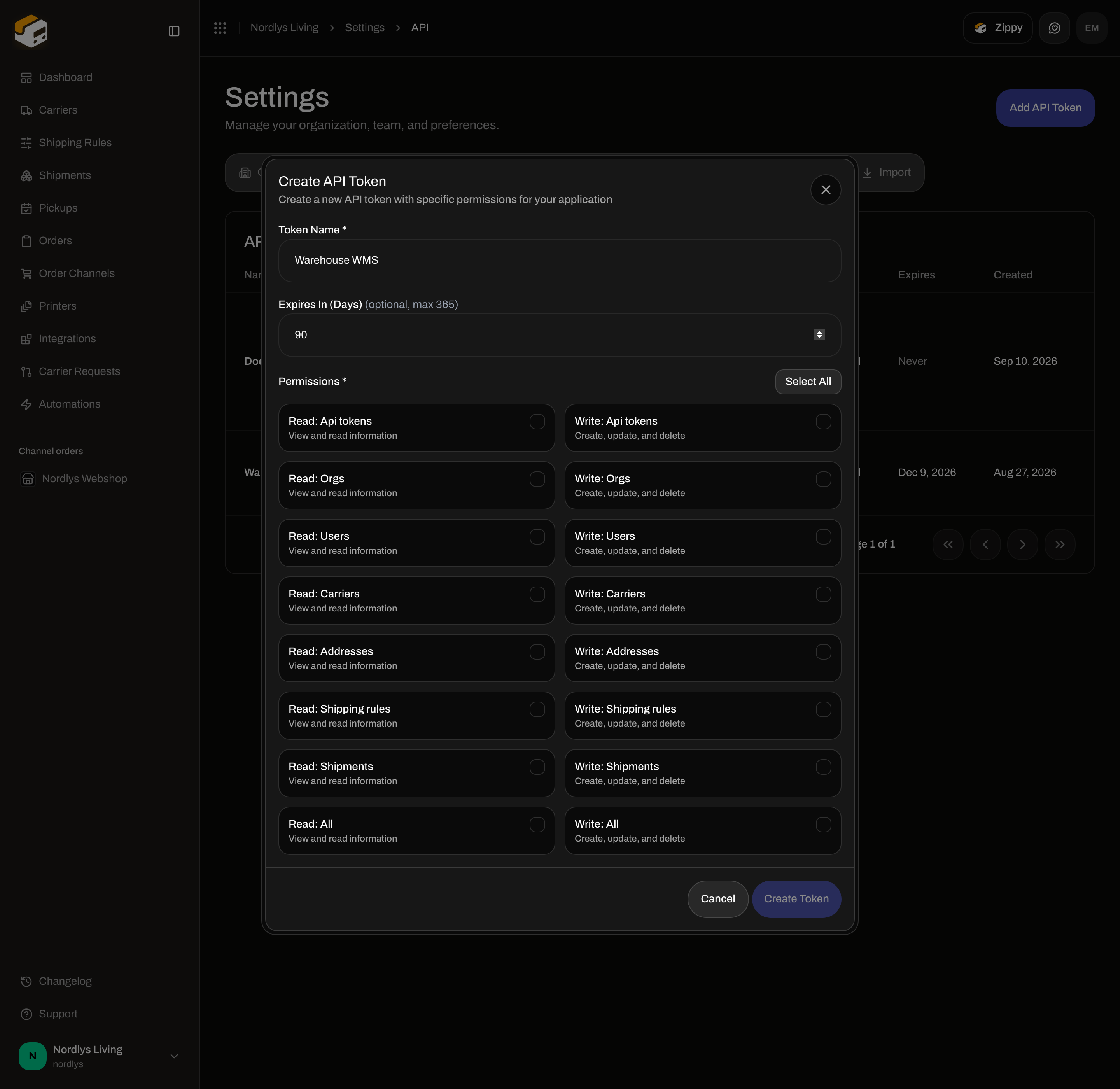 Create API Token dialog with Token Name, Expires In (Days), and permission checkboxes