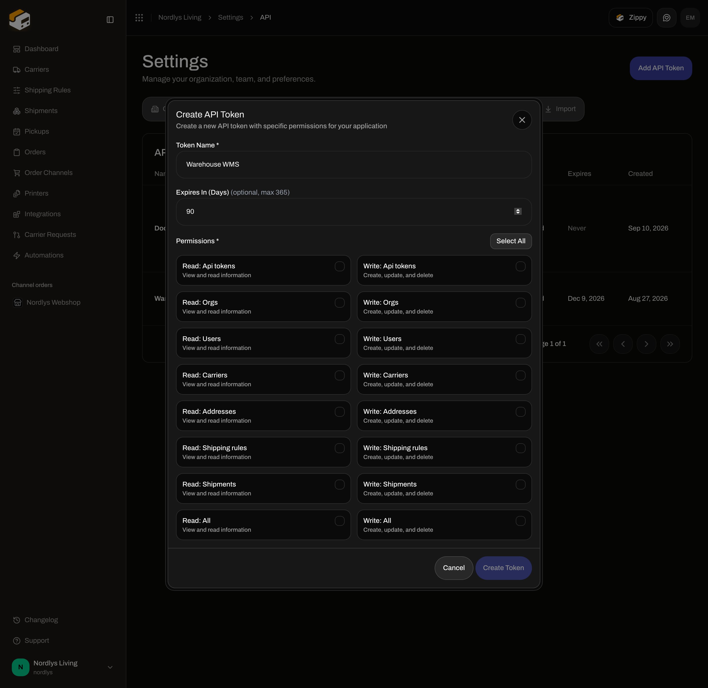 Create API Token dialog with Token Name, Expires In (Days), and permission checkboxes