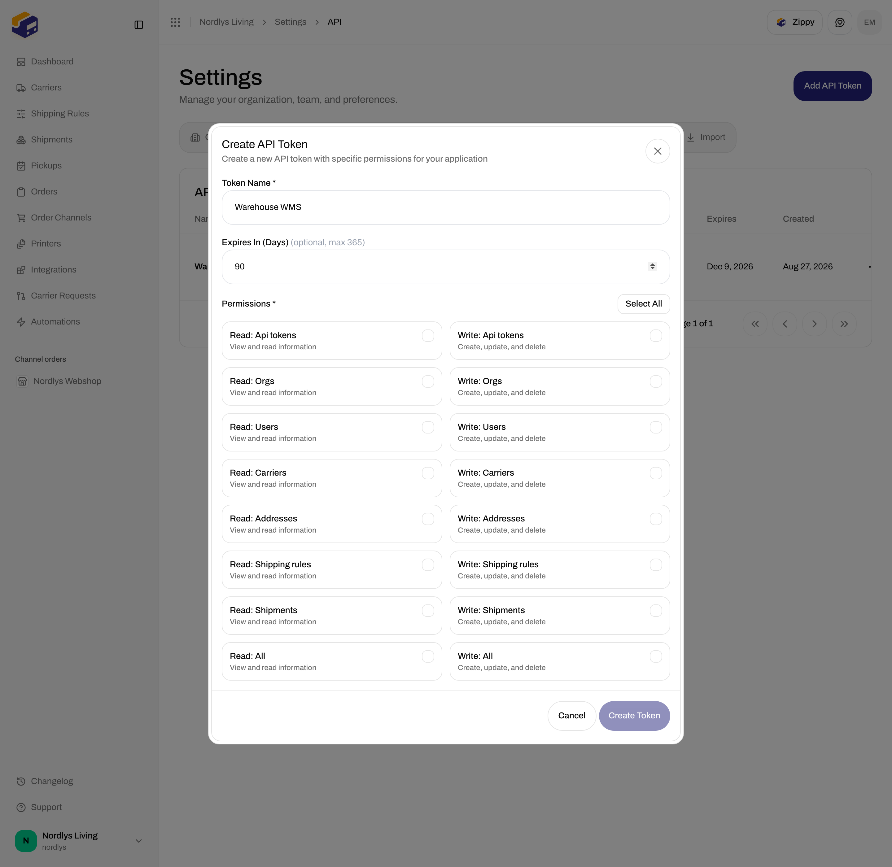 Create API Token dialog with Token Name, Expires In (Days), and permission checkboxes
