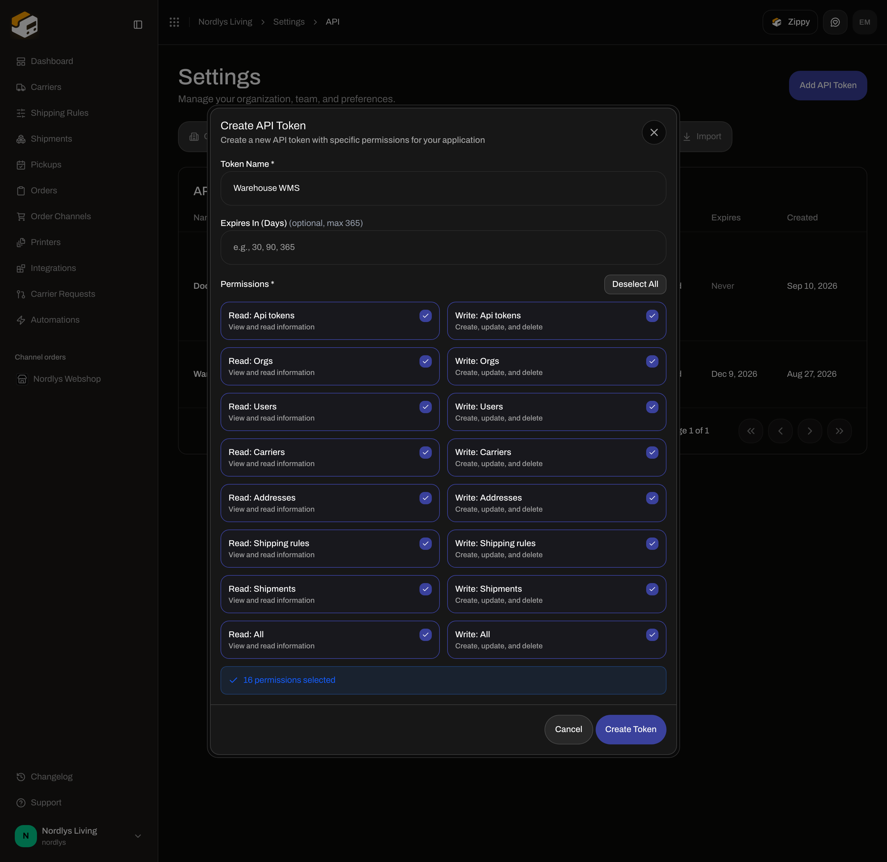 Create API Token permissions grid with Read and Write checkboxes including Read: All and Write: All
