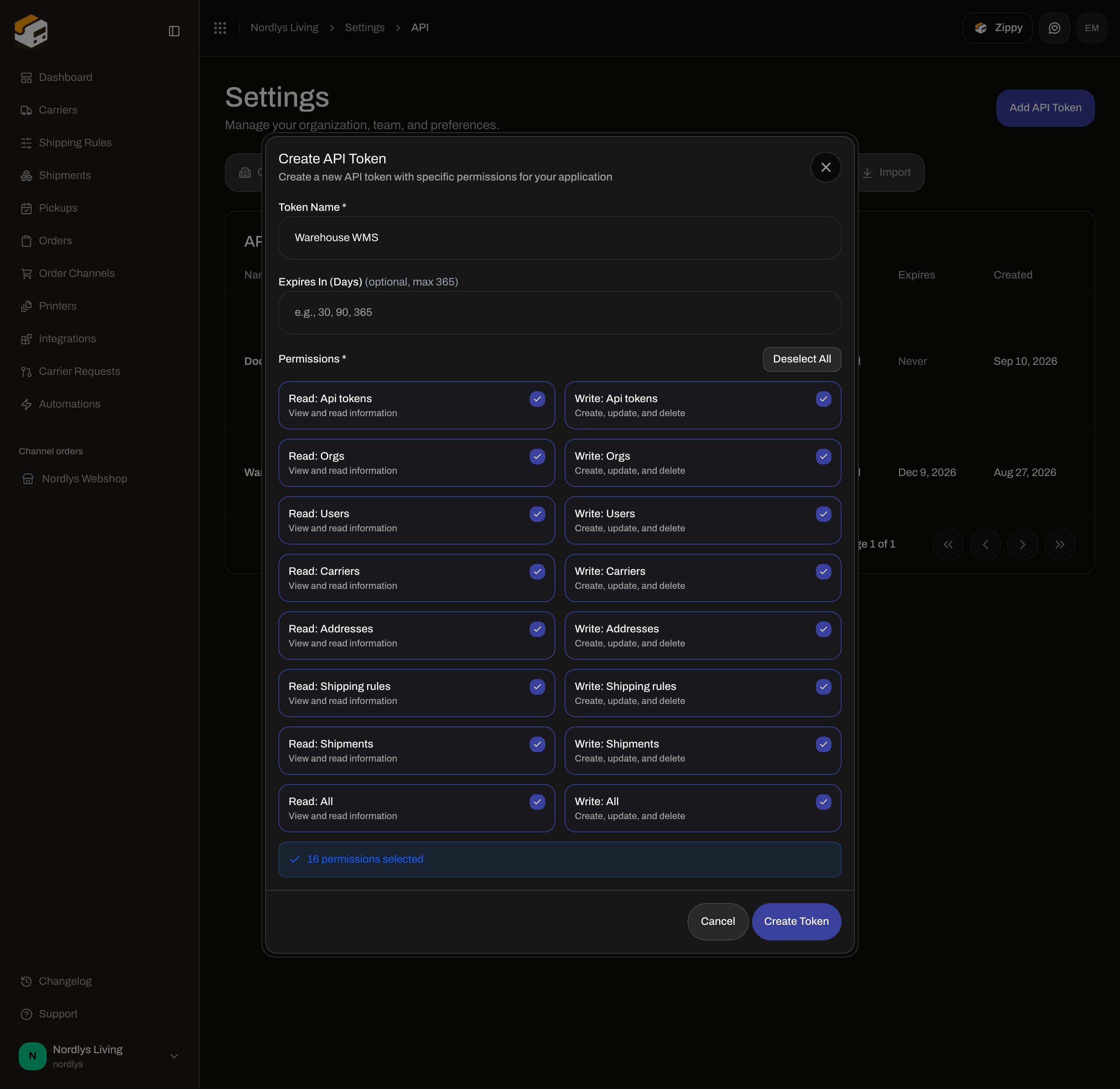 Create API Token permissions grid with Read and Write checkboxes including Read: All and Write: All
