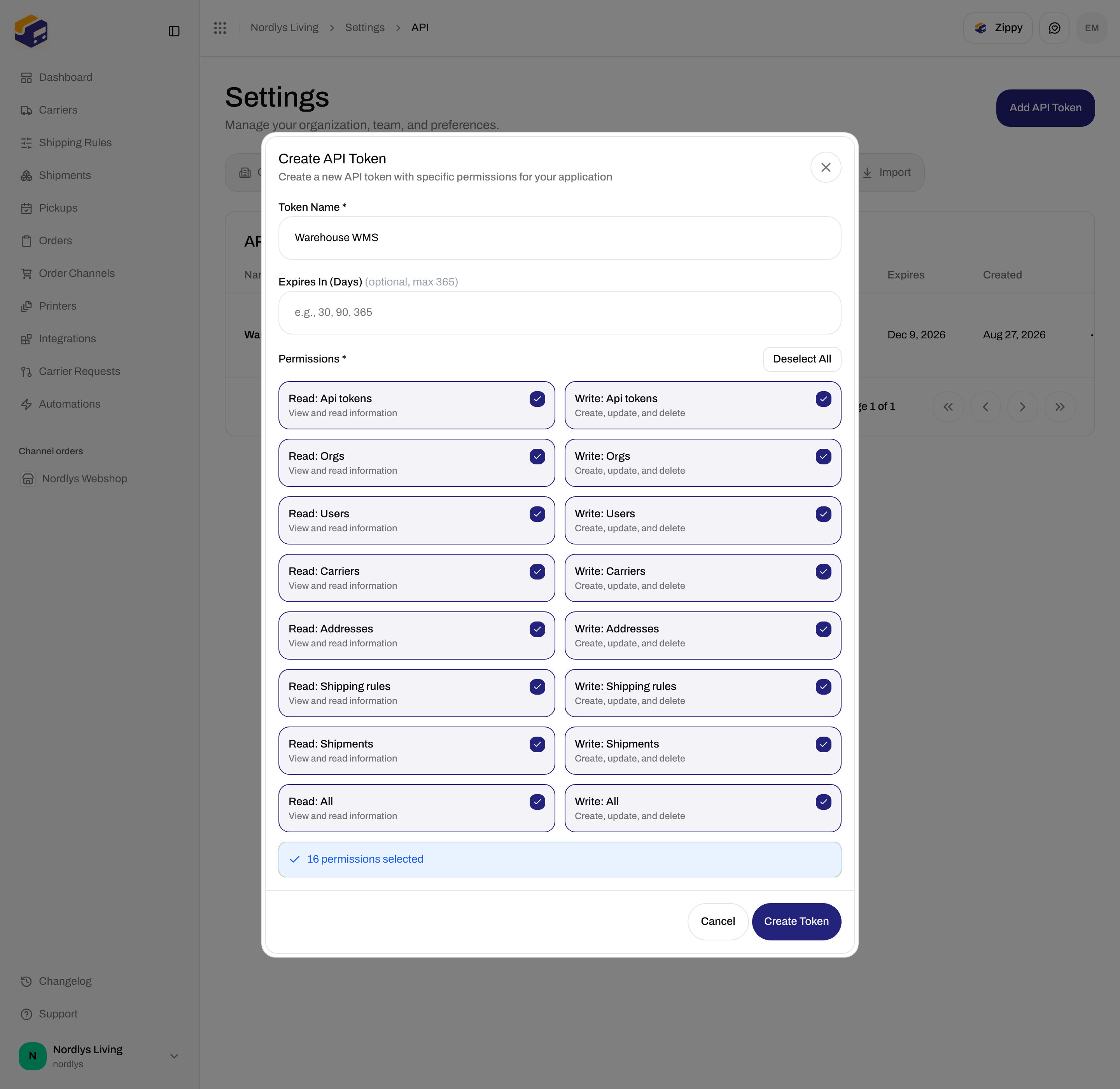 Create API Token permissions grid with Read and Write checkboxes including Read: All and Write: All