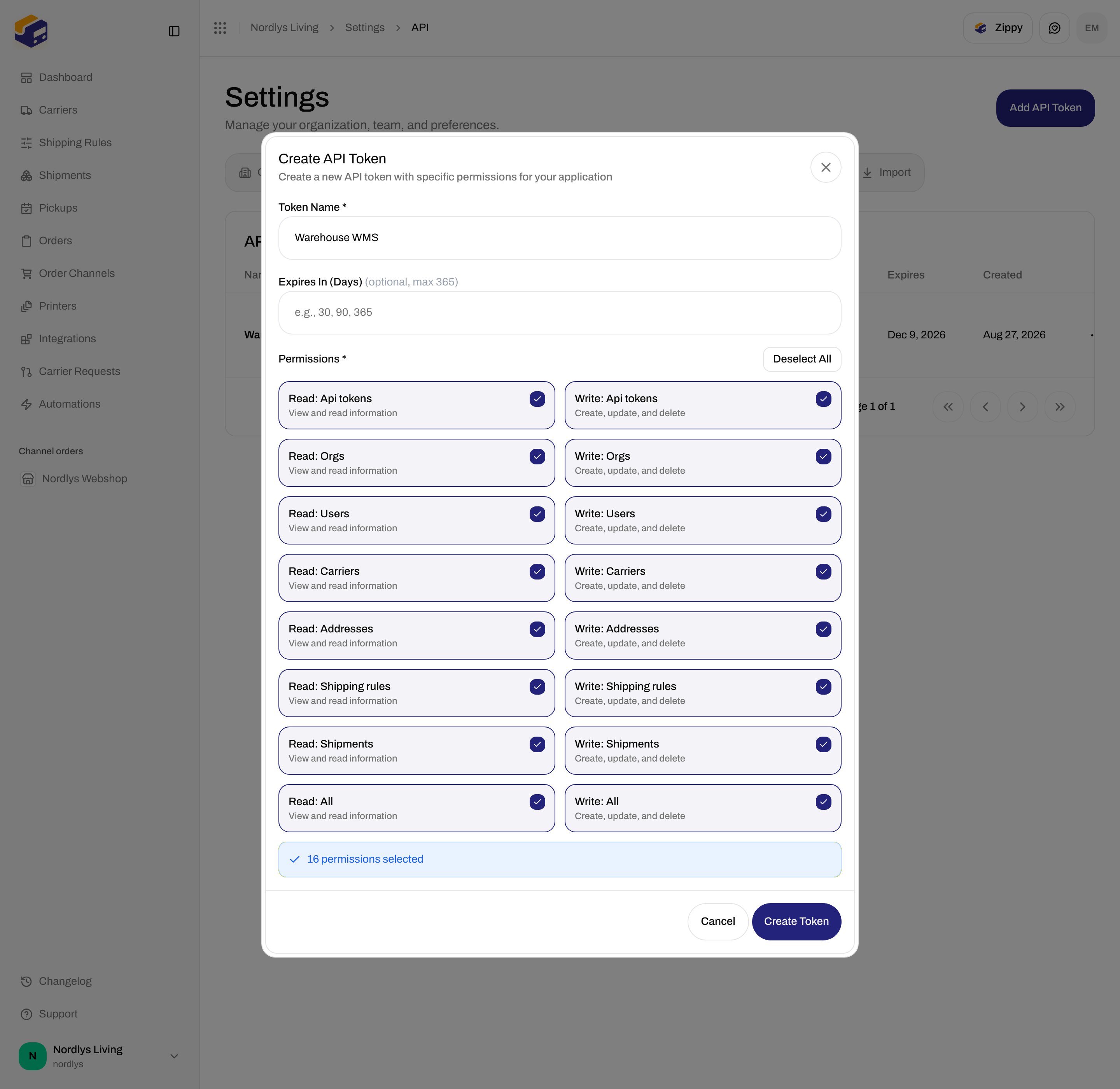 Create API Token permissions grid with Read and Write checkboxes including Read: All and Write: All
