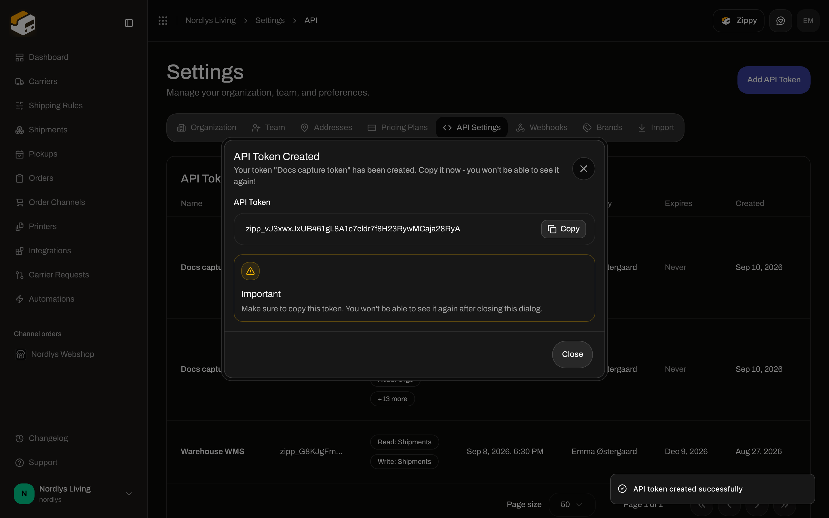 API Token Created dialog with a read-only token field, Copy, and an Important warning