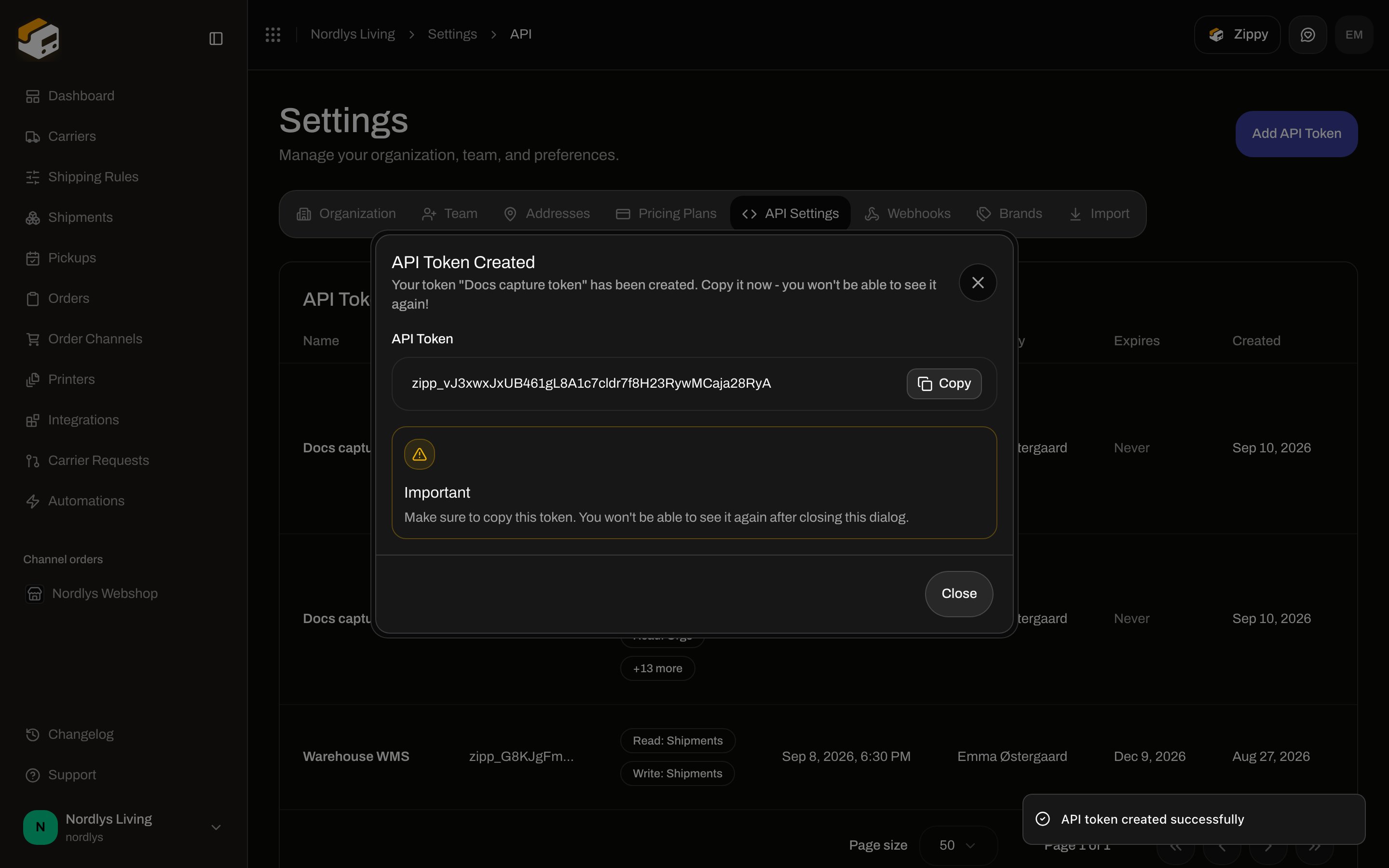 API Token Created dialog with a read-only token field, Copy, and an Important warning