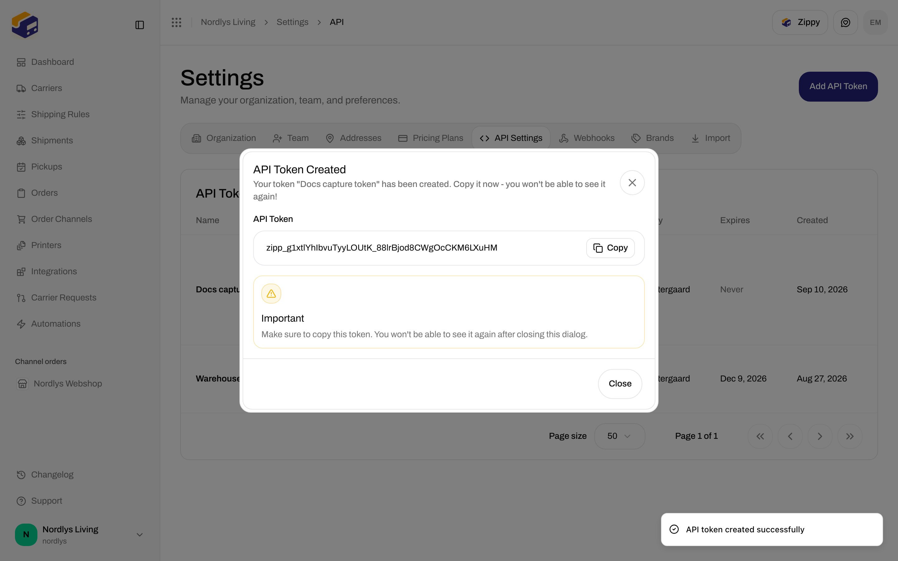 API Token Created dialog with a read-only token field, Copy, and an Important warning