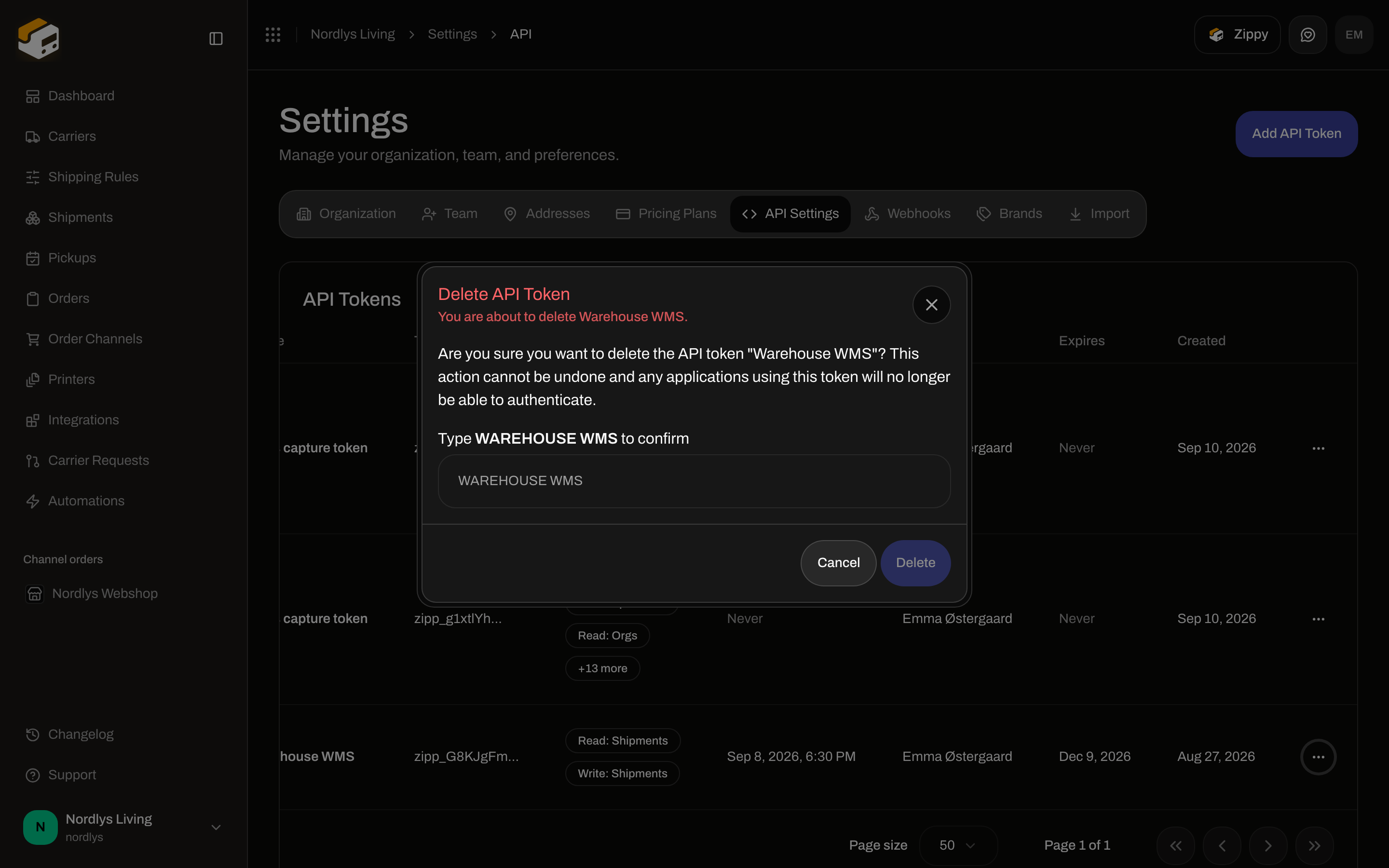 Delete API Token confirmation with a type-to-confirm field