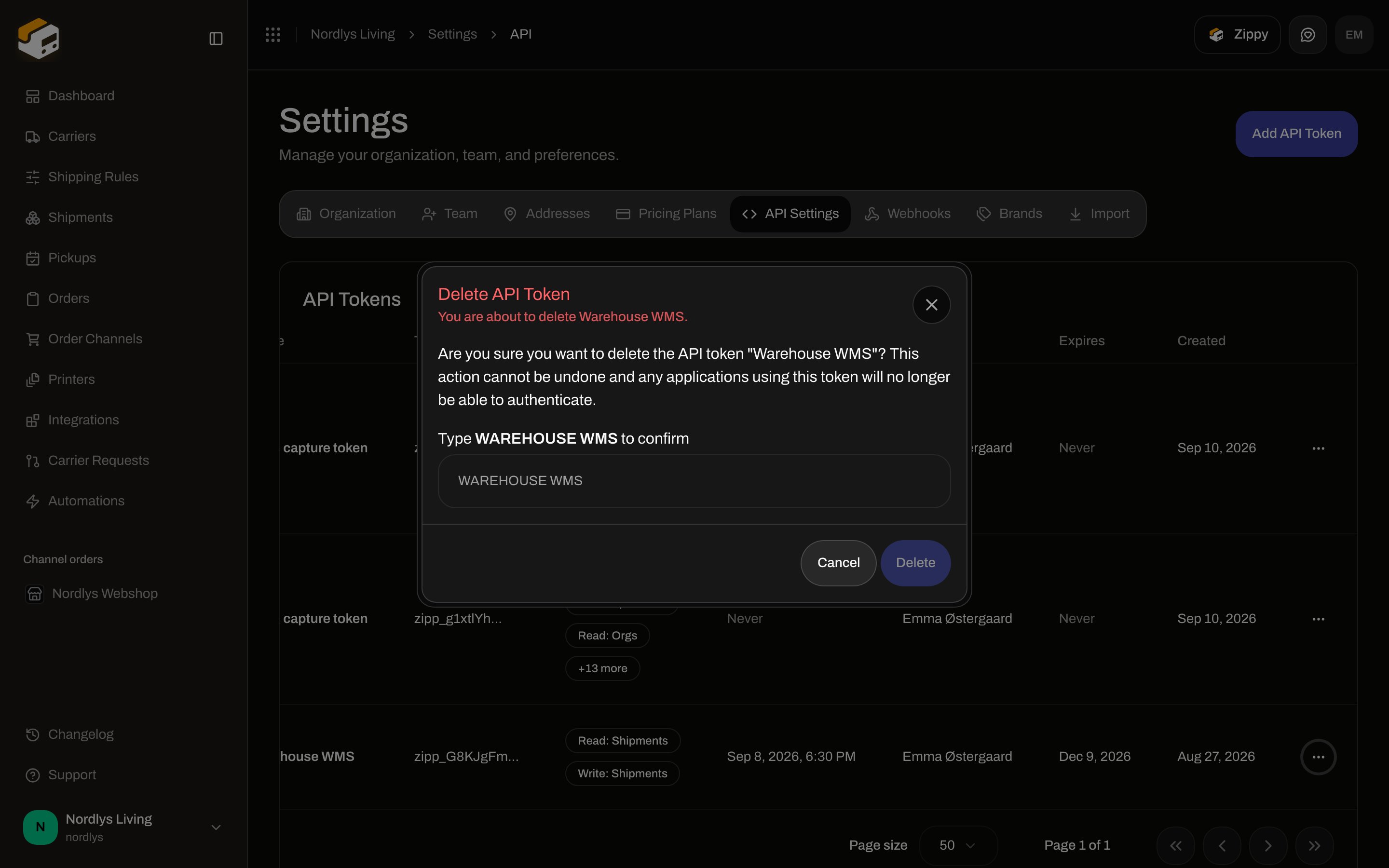 Delete API Token confirmation with a type-to-confirm field