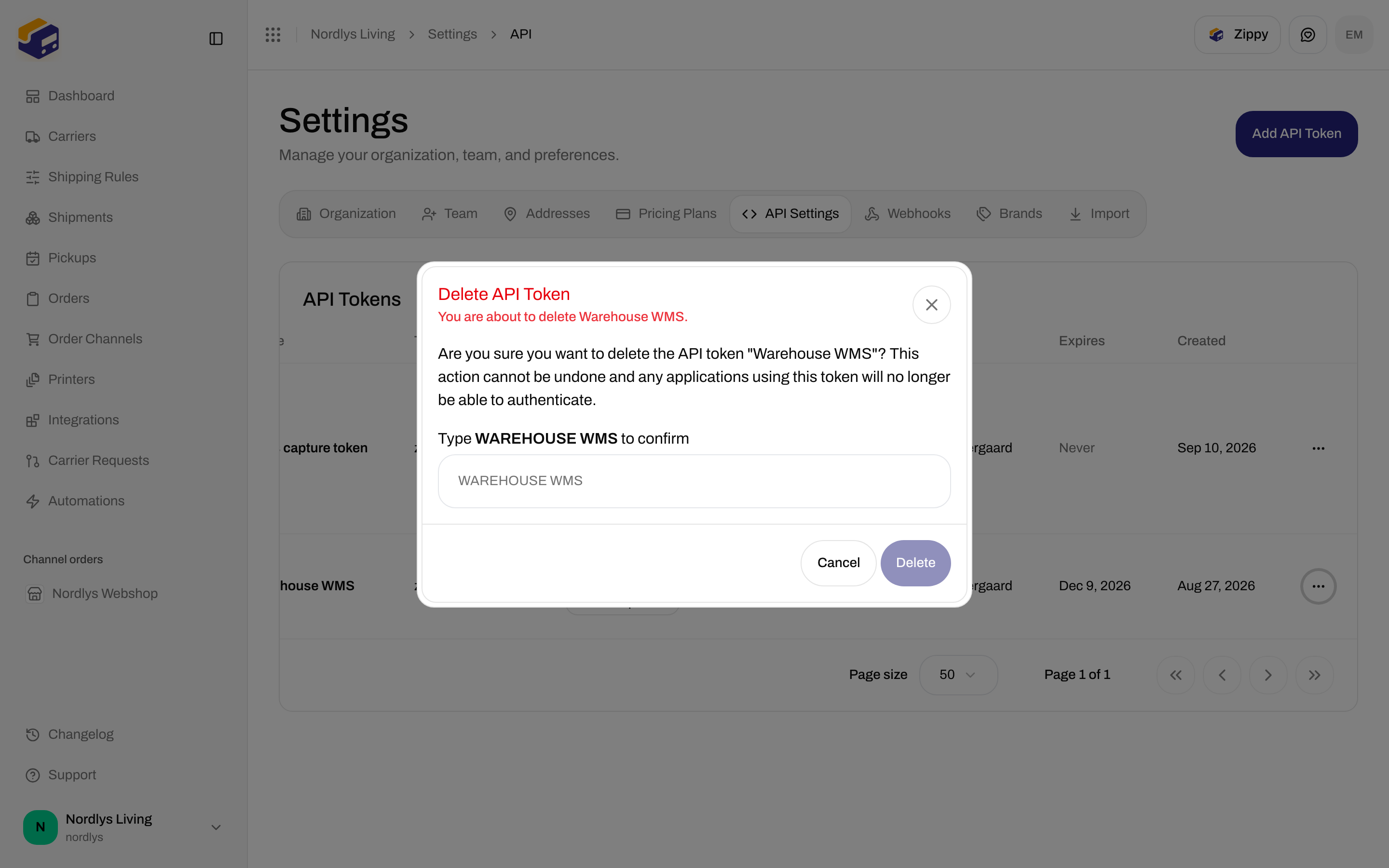 Delete API Token confirmation with a type-to-confirm field