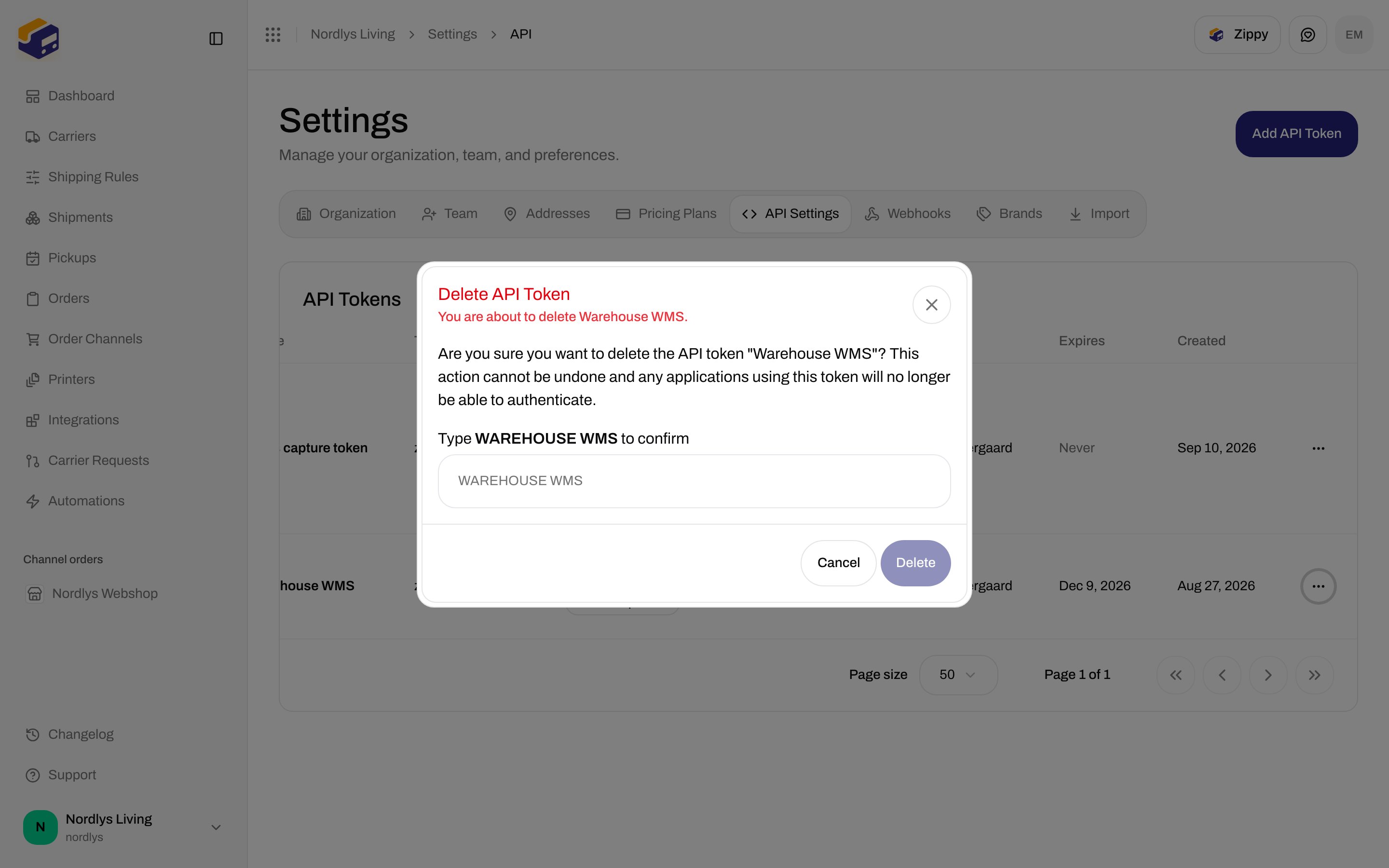 Delete API Token confirmation with a type-to-confirm field