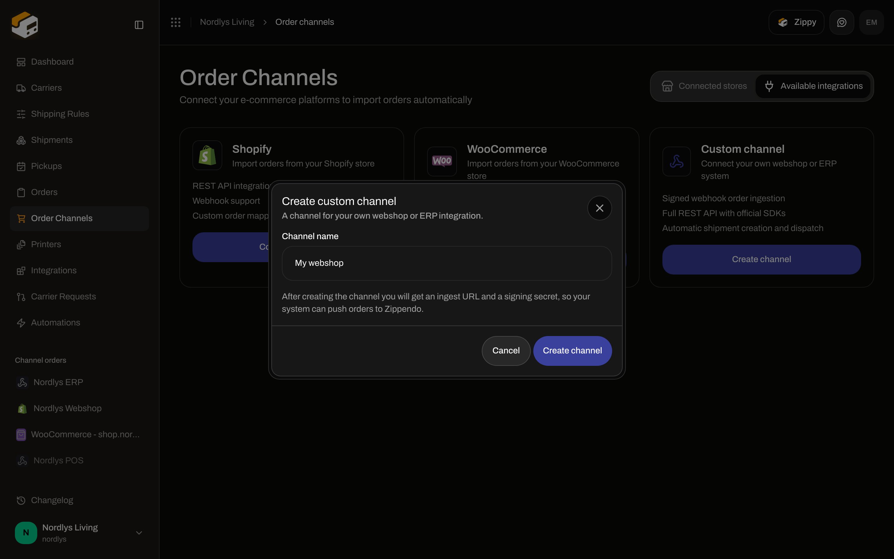 Create custom channel modal with Channel name filled as My webshop, Create channel, and Cancel