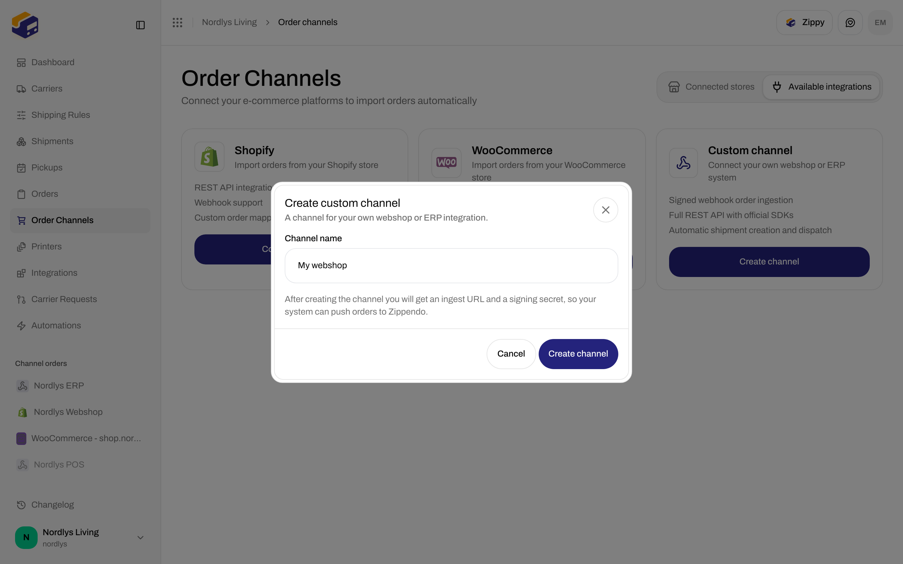 Create custom channel modal with Channel name filled as My webshop, Create channel, and Cancel