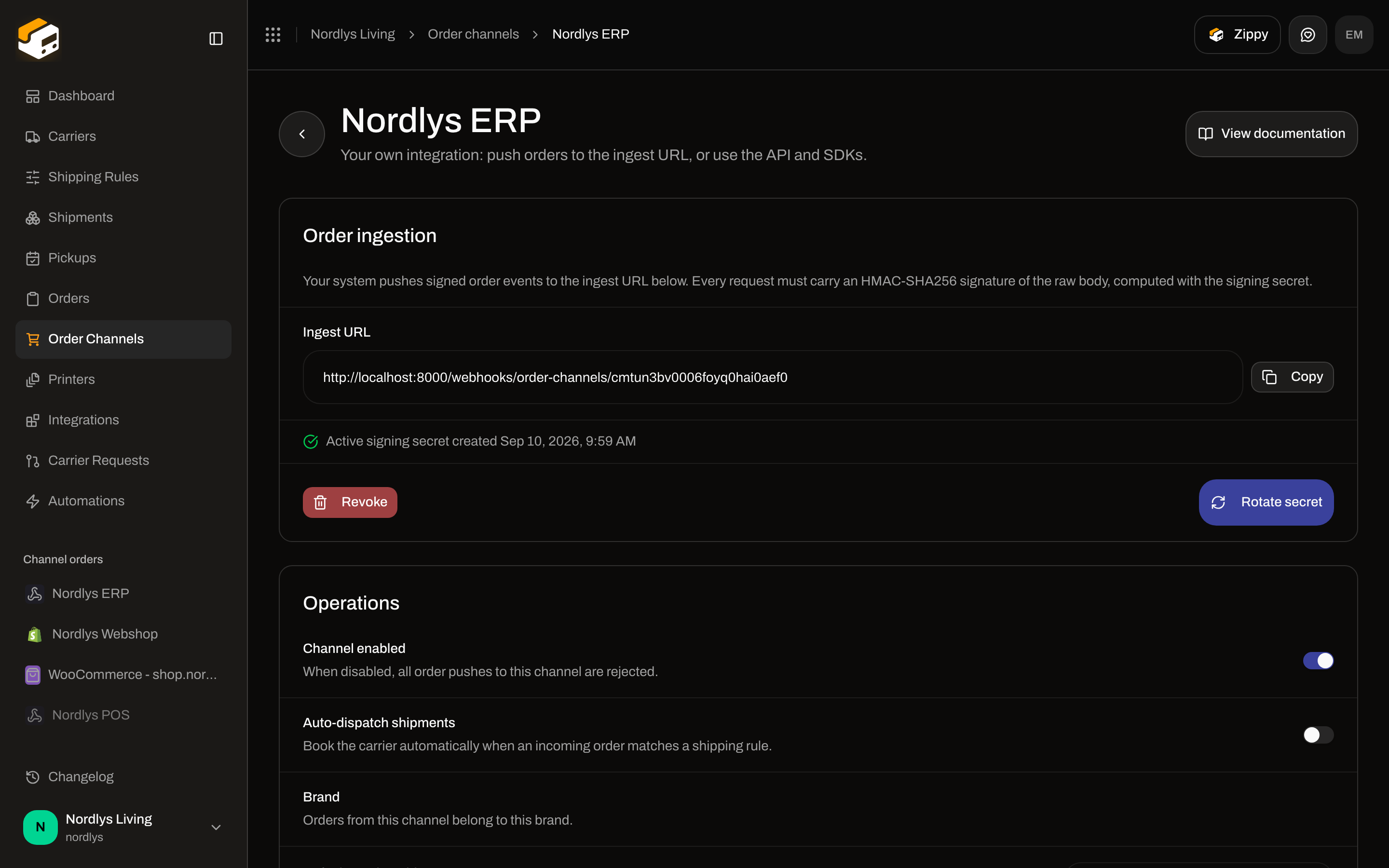 Order ingestion card with HMAC description, Ingest URL, Copy, and Generate secret or Rotate secret
