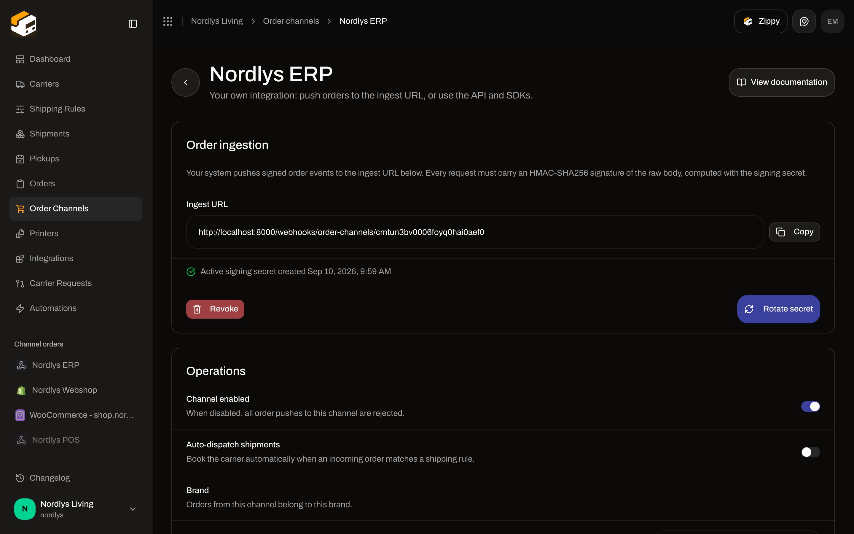 Order ingestion card with HMAC description, Ingest URL, Copy, and Generate secret or Rotate secret