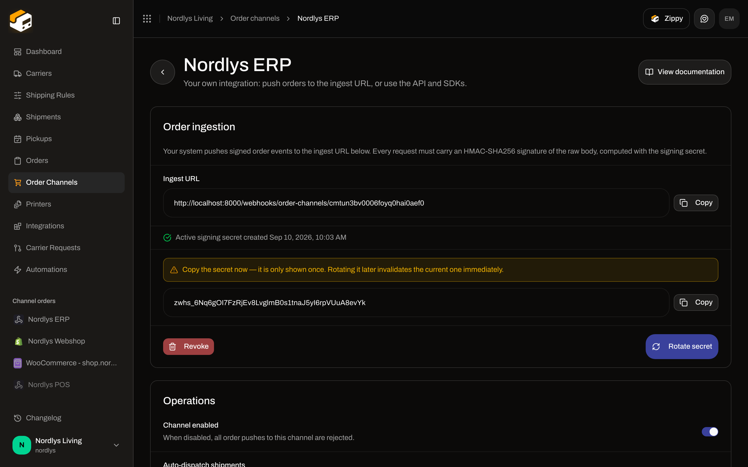 Order ingestion with one-time signing secret, Copy, Revoke, and Rotate secret