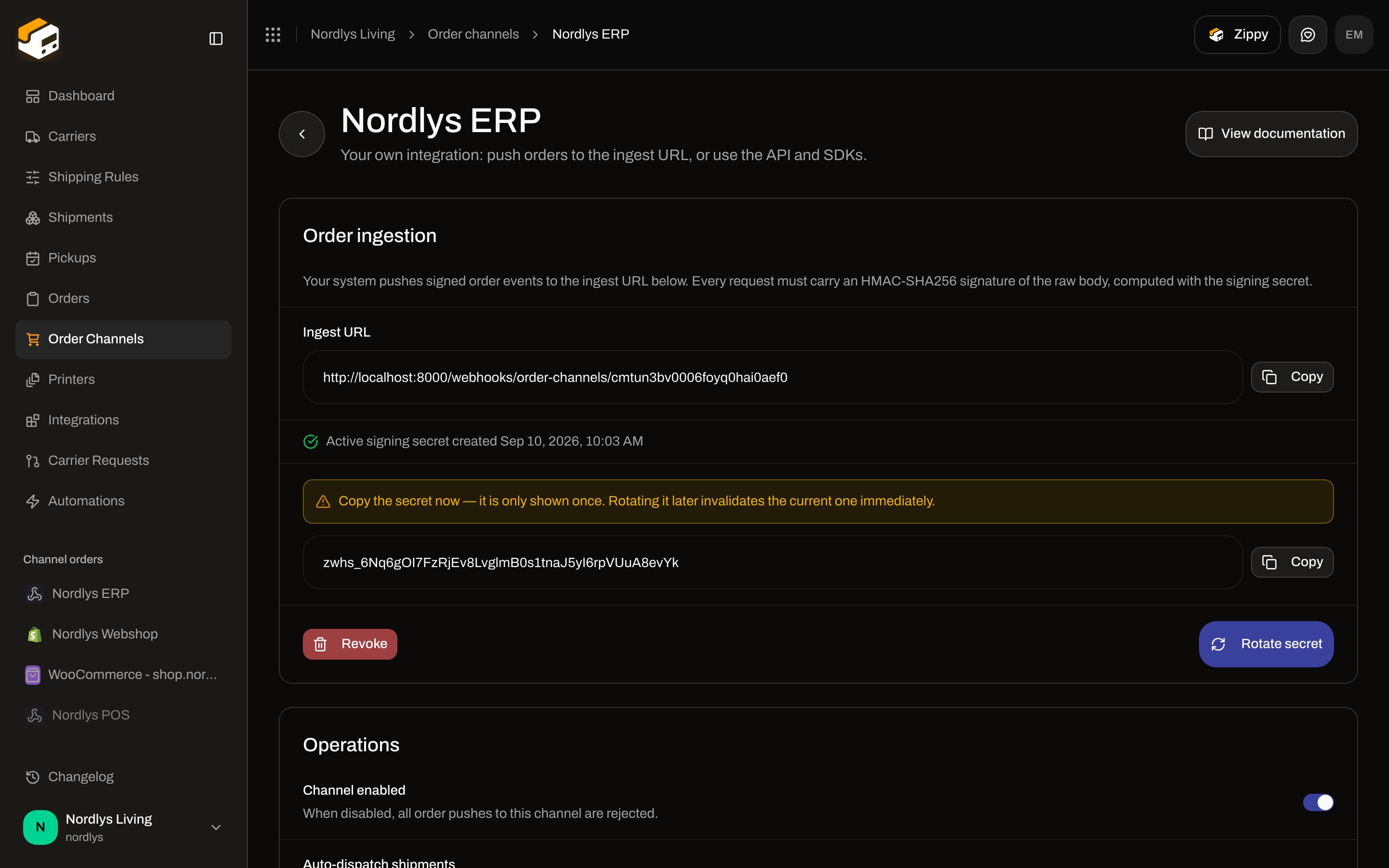 Order ingestion with one-time signing secret, Copy, Revoke, and Rotate secret