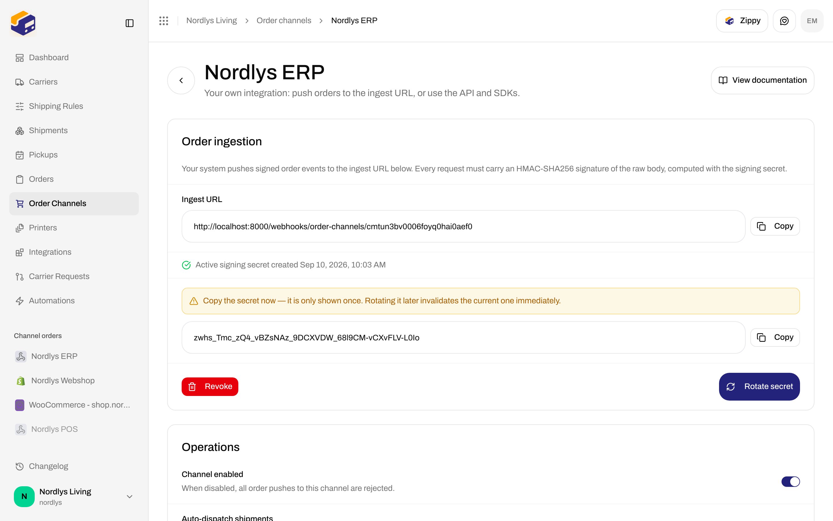 Order ingestion with one-time signing secret, Copy, Revoke, and Rotate secret