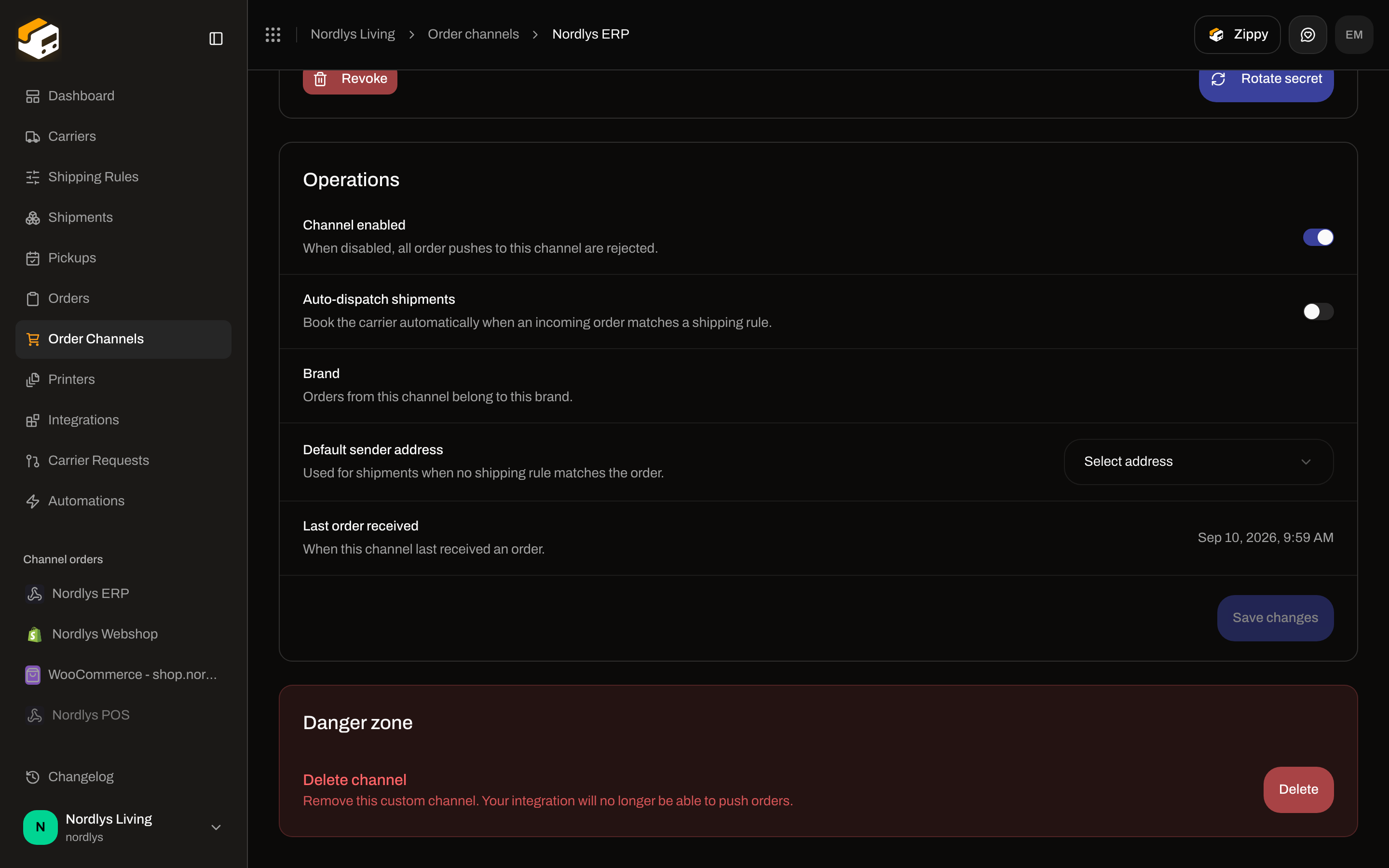 Operations card with Channel enabled on, Auto-dispatch shipments, Default sender address, Last order received, and Save changes