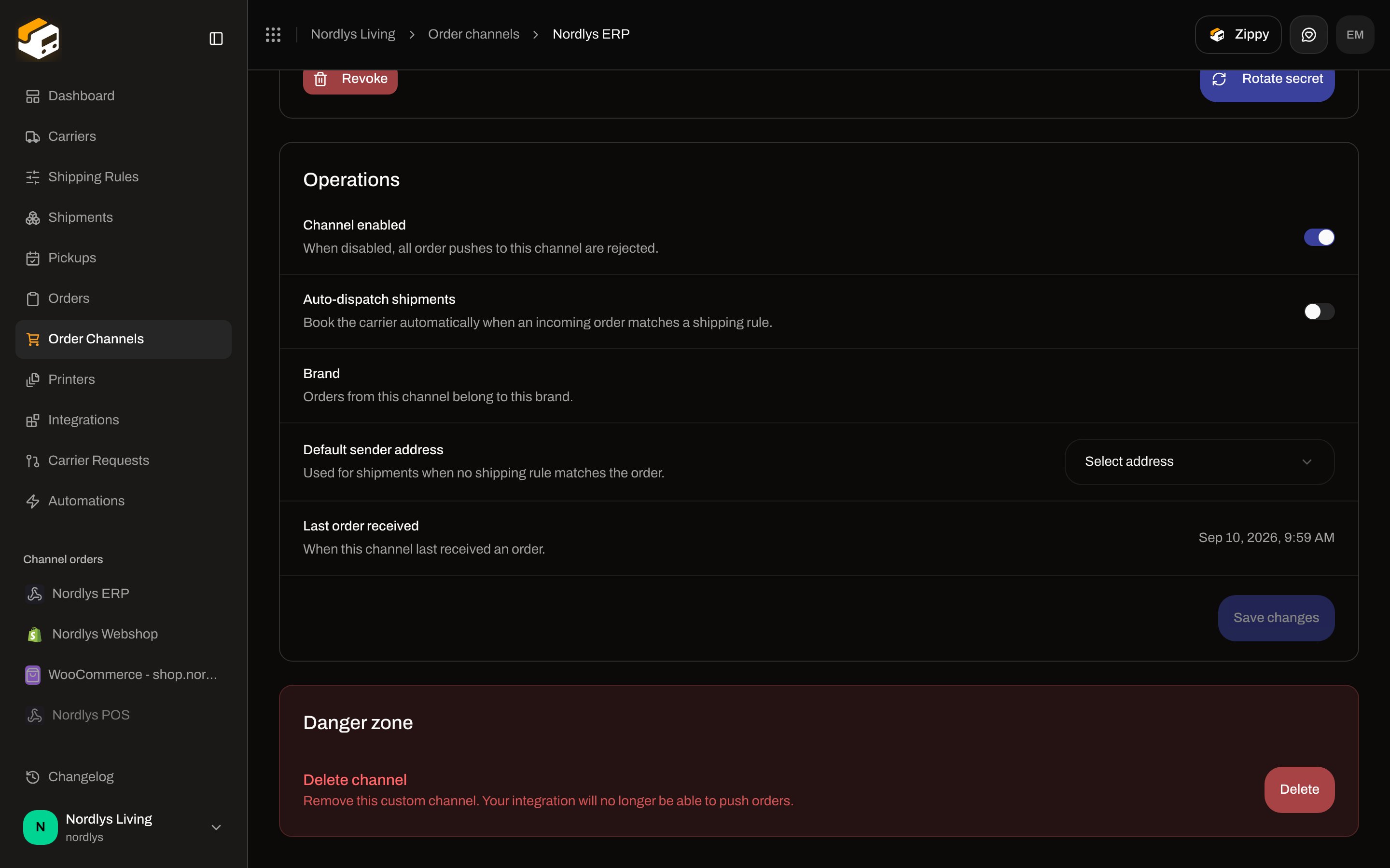 Operations card with Channel enabled on, Auto-dispatch shipments, Default sender address, Last order received, and Save changes