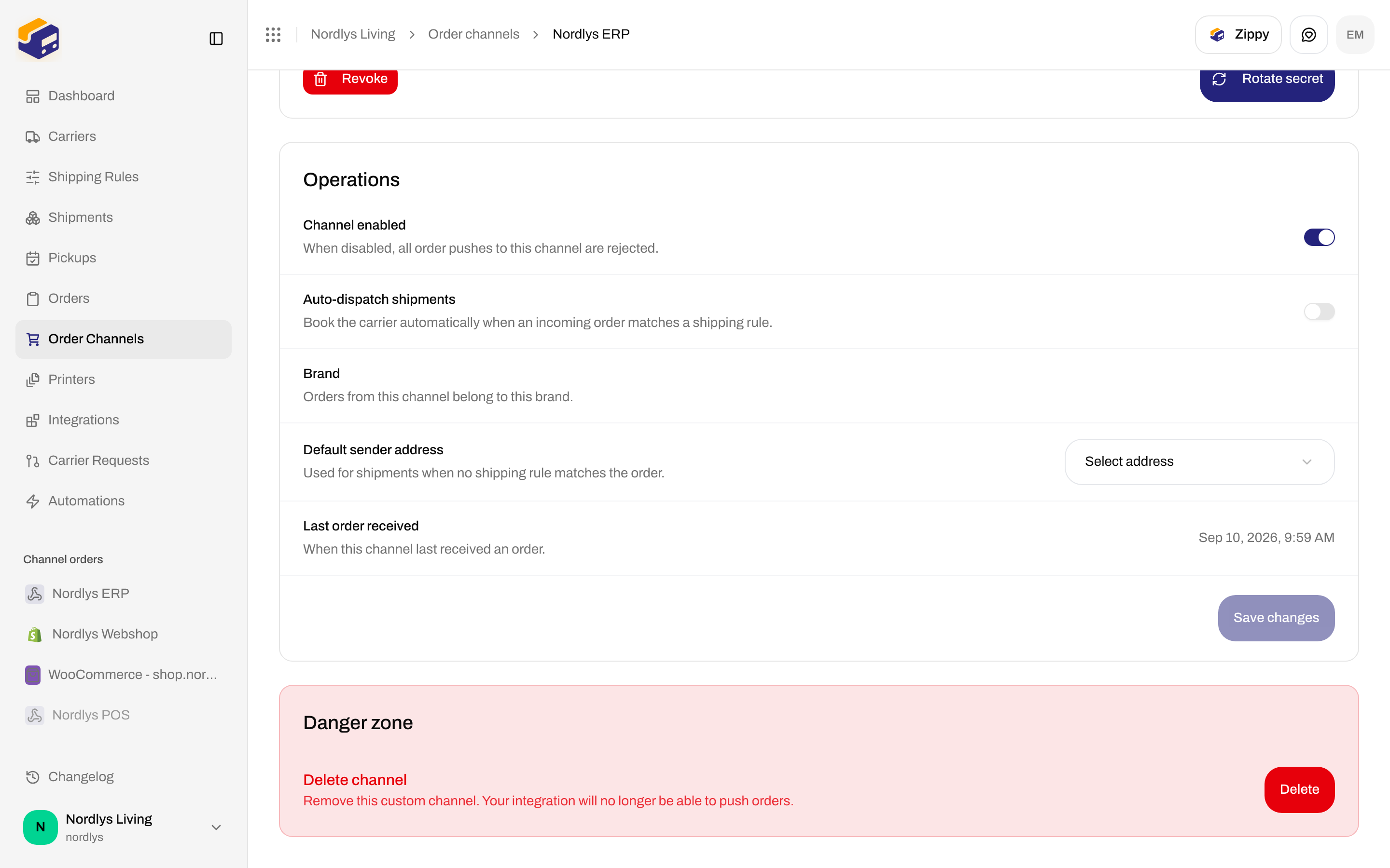 Operations card with Channel enabled on, Auto-dispatch shipments, Default sender address, Last order received, and Save changes