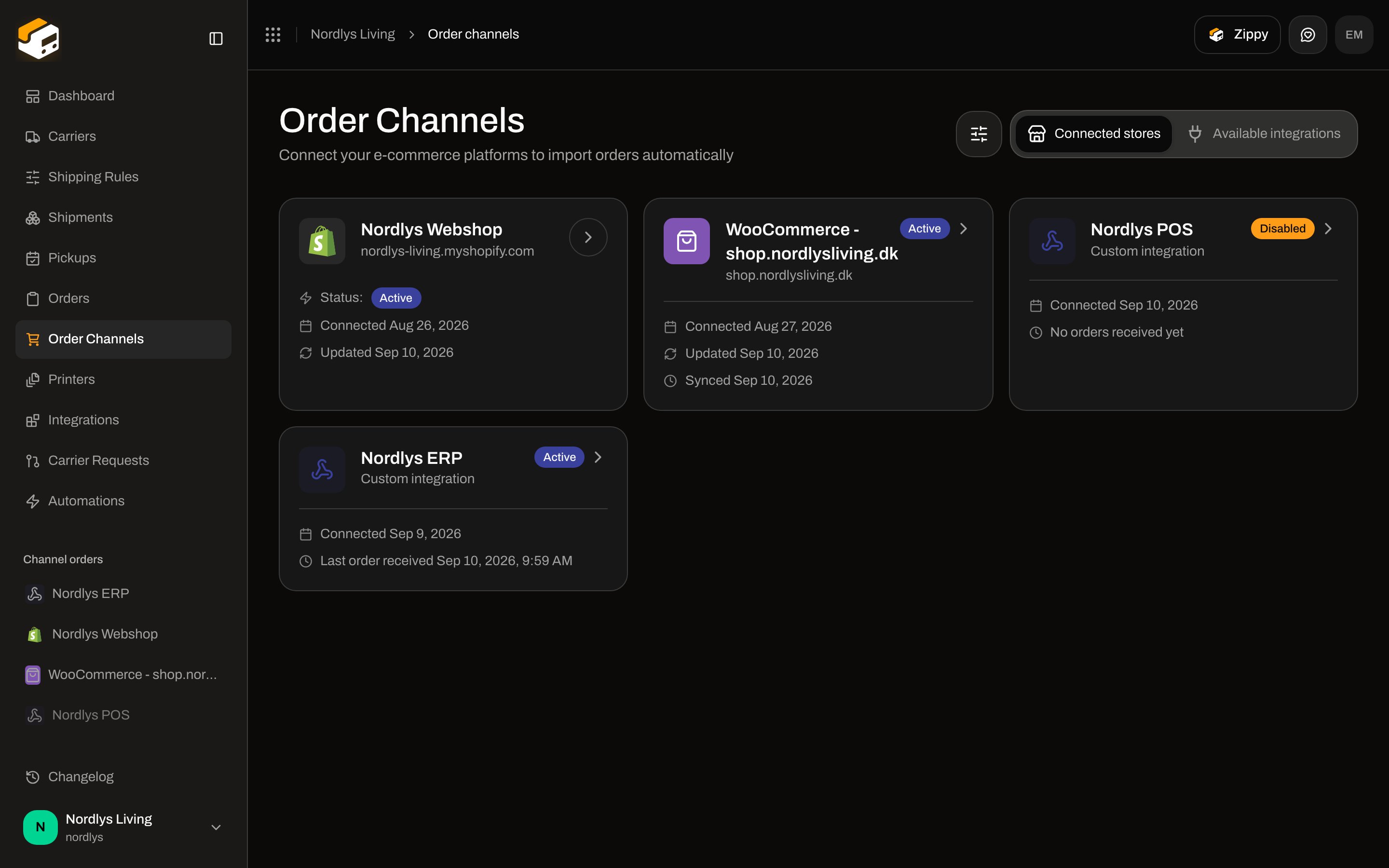 Connected stores custom channel card with Disabled badge, Custom integration subtitle, and No orders received yet or Last order received