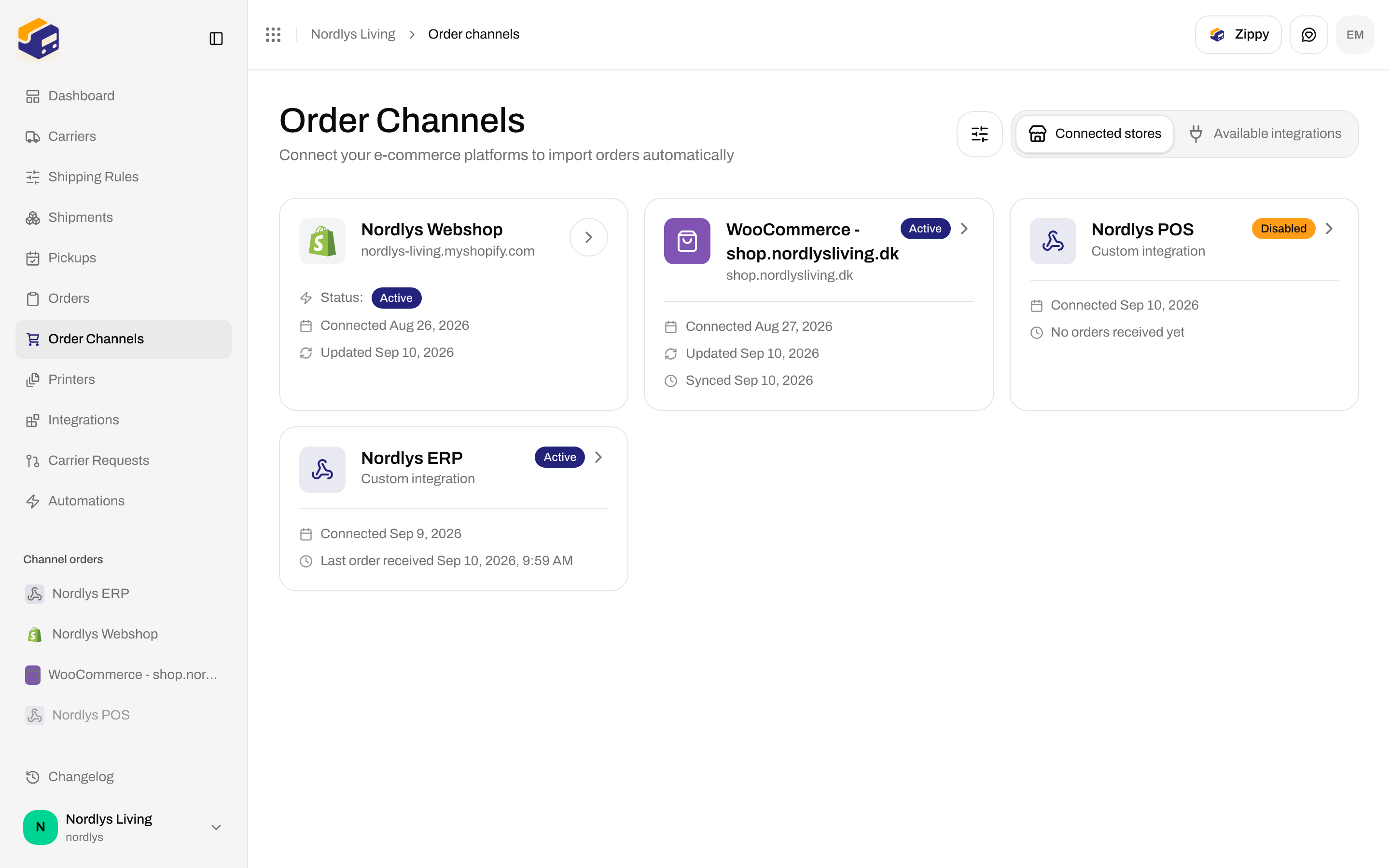 Connected stores custom channel card with Disabled badge, Custom integration subtitle, and No orders received yet or Last order received