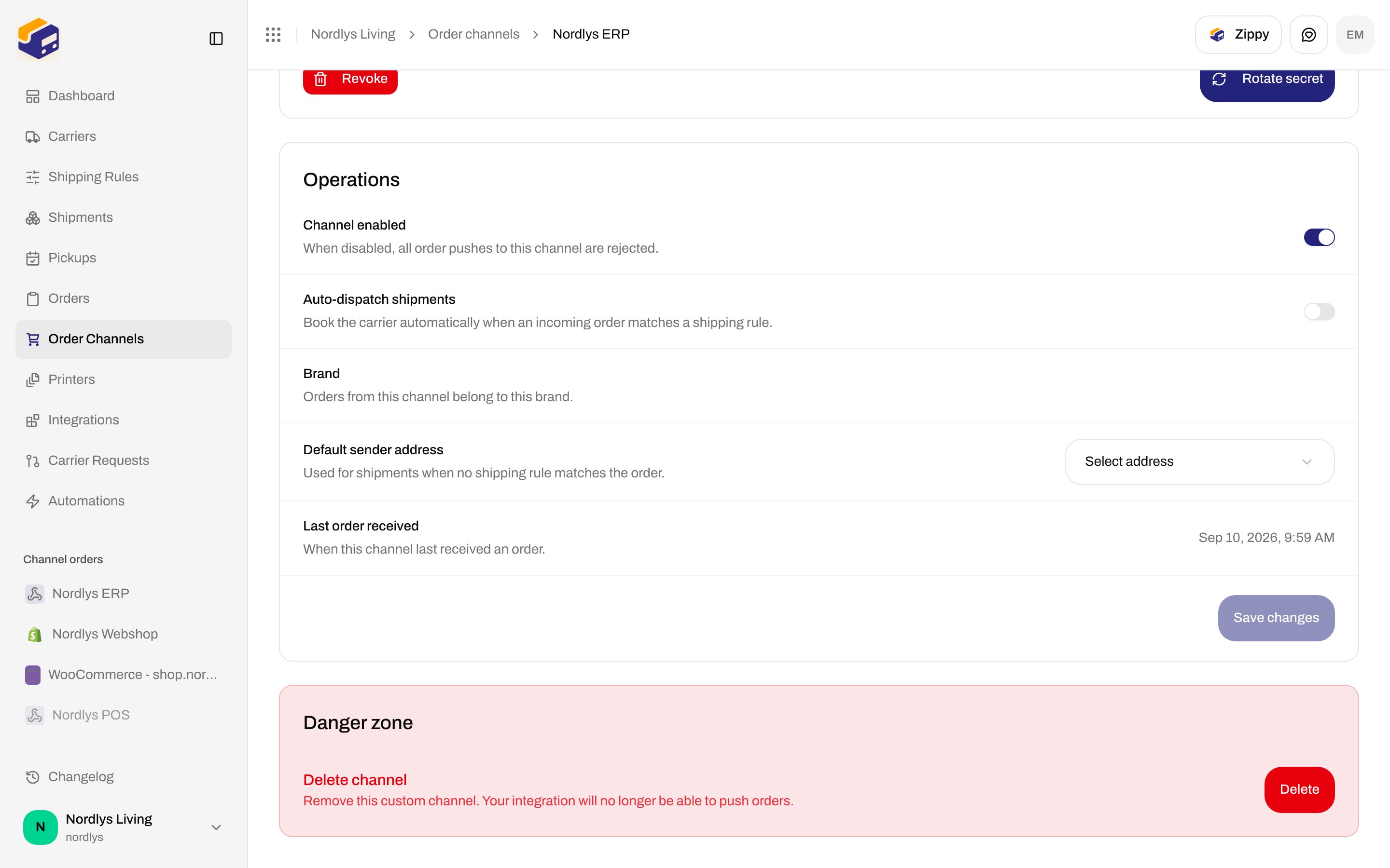 Danger zone with Delete channel and Delete button