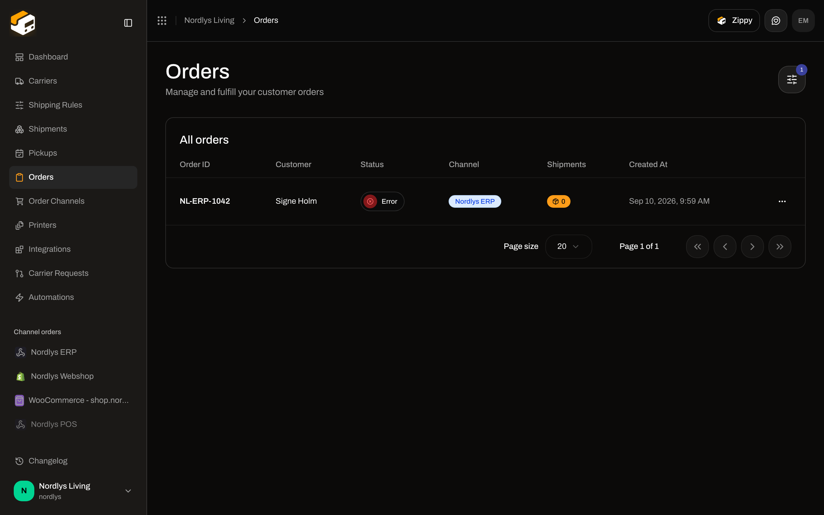 Orders list showing an ingested custom-channel order