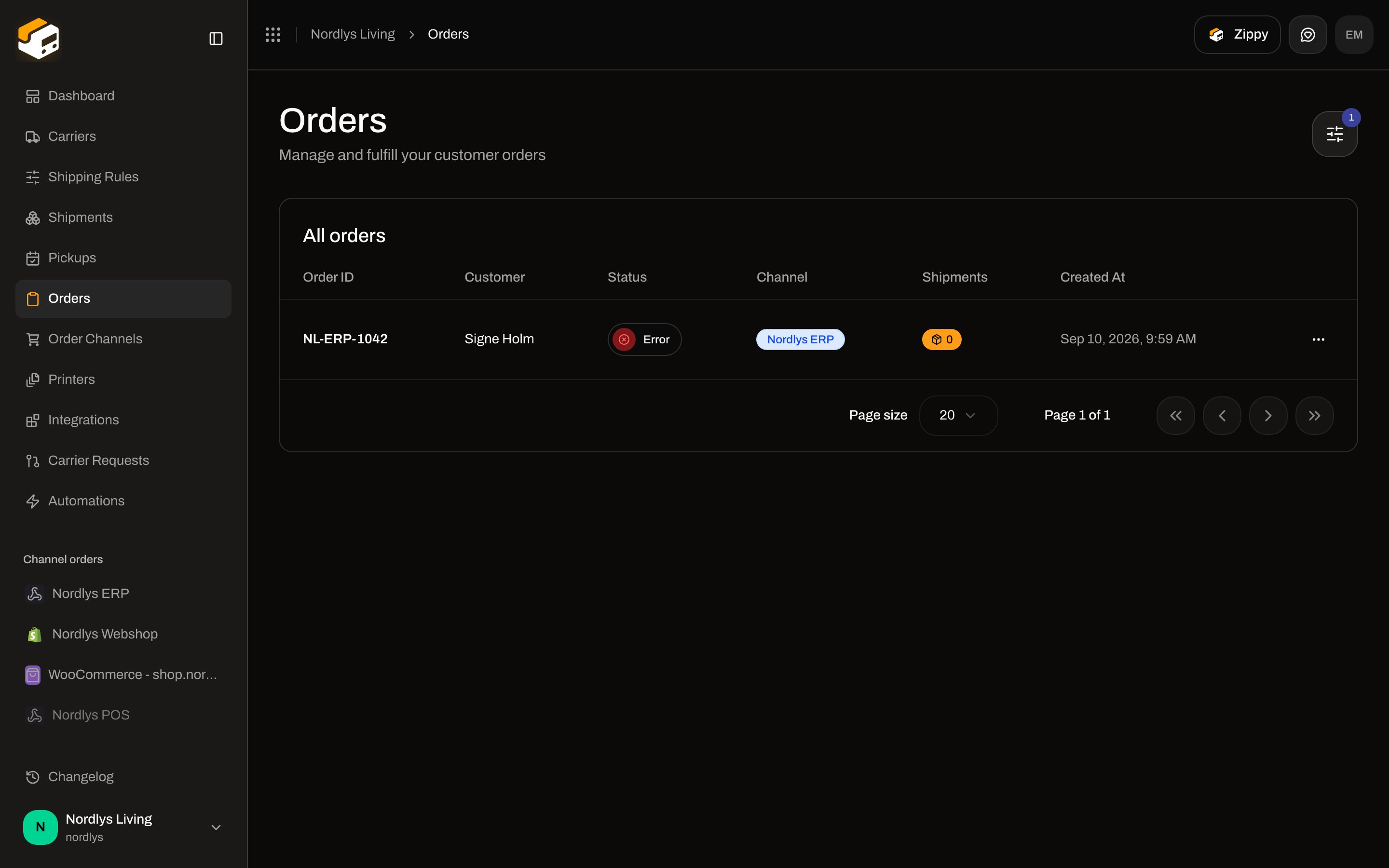 Orders list showing an ingested custom-channel order