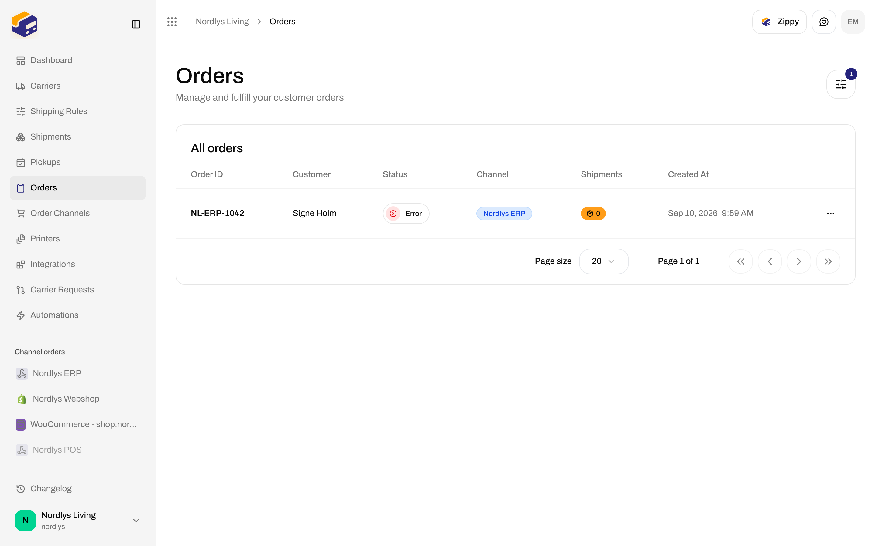 Orders list showing an ingested custom-channel order