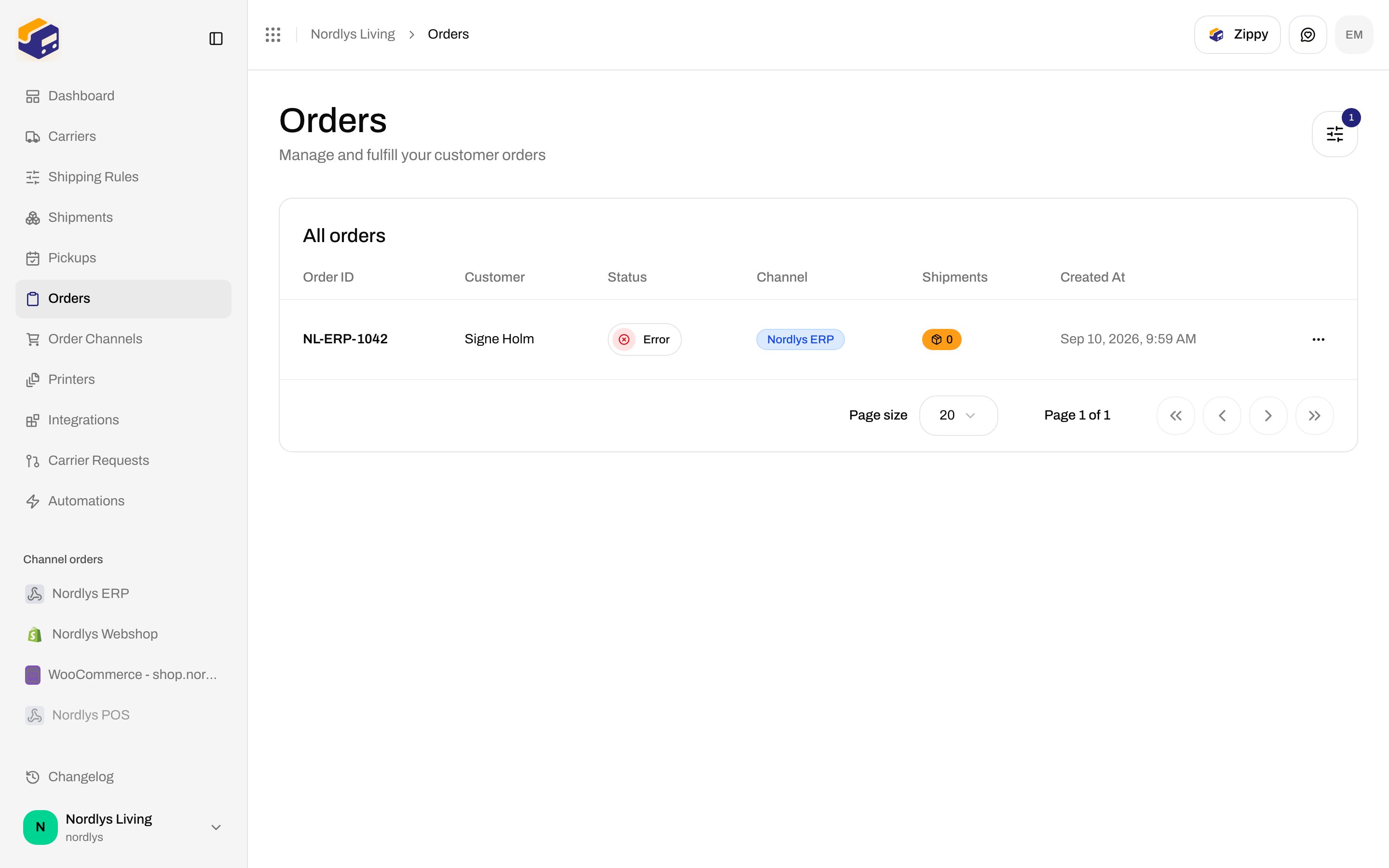 Orders list showing an ingested custom-channel order