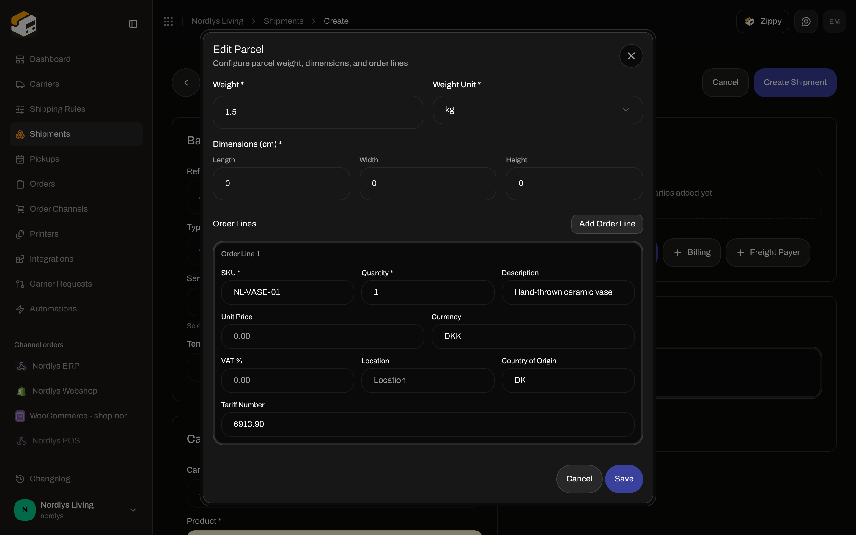 Edit Parcel dialog with weight, SKU, country of origin, and tariff number